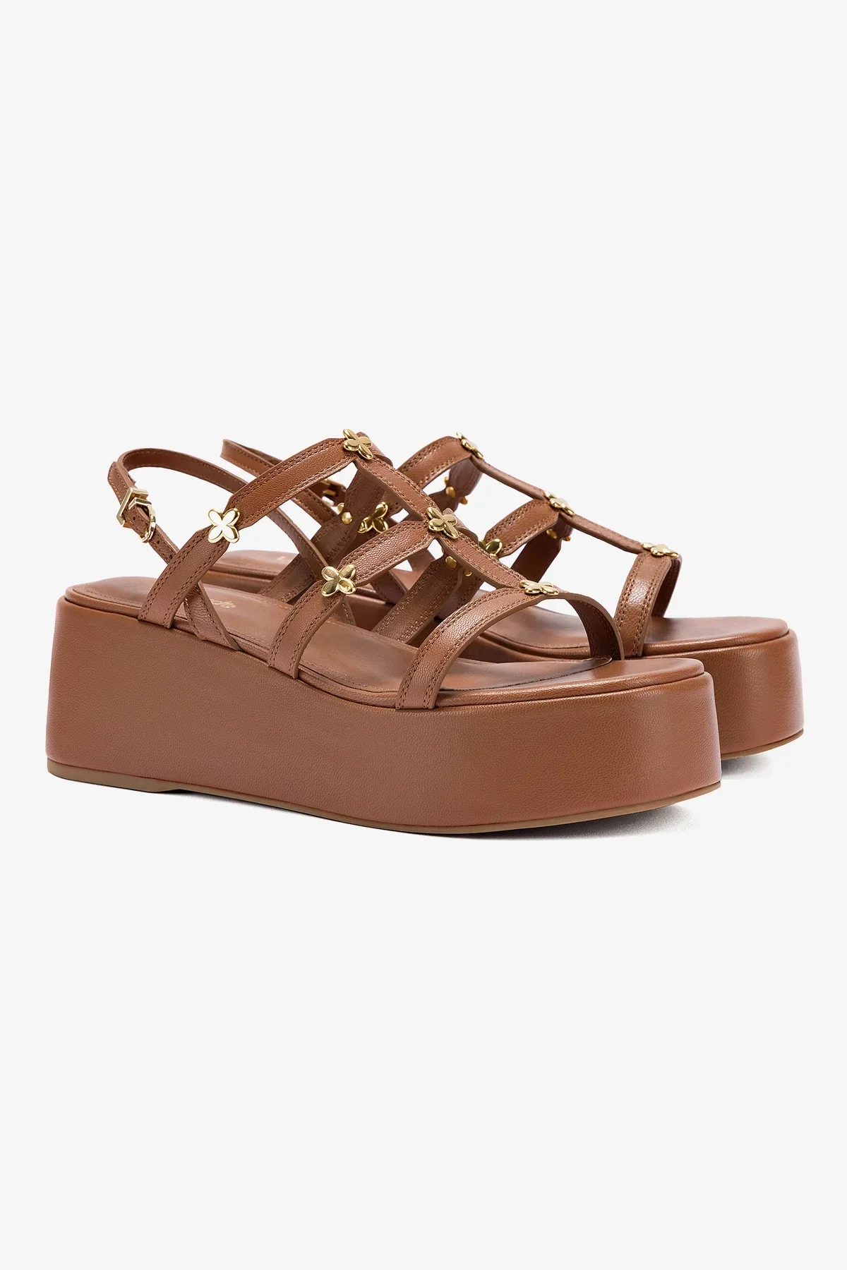 Harmony Flatform Sandal In Caramel Leather