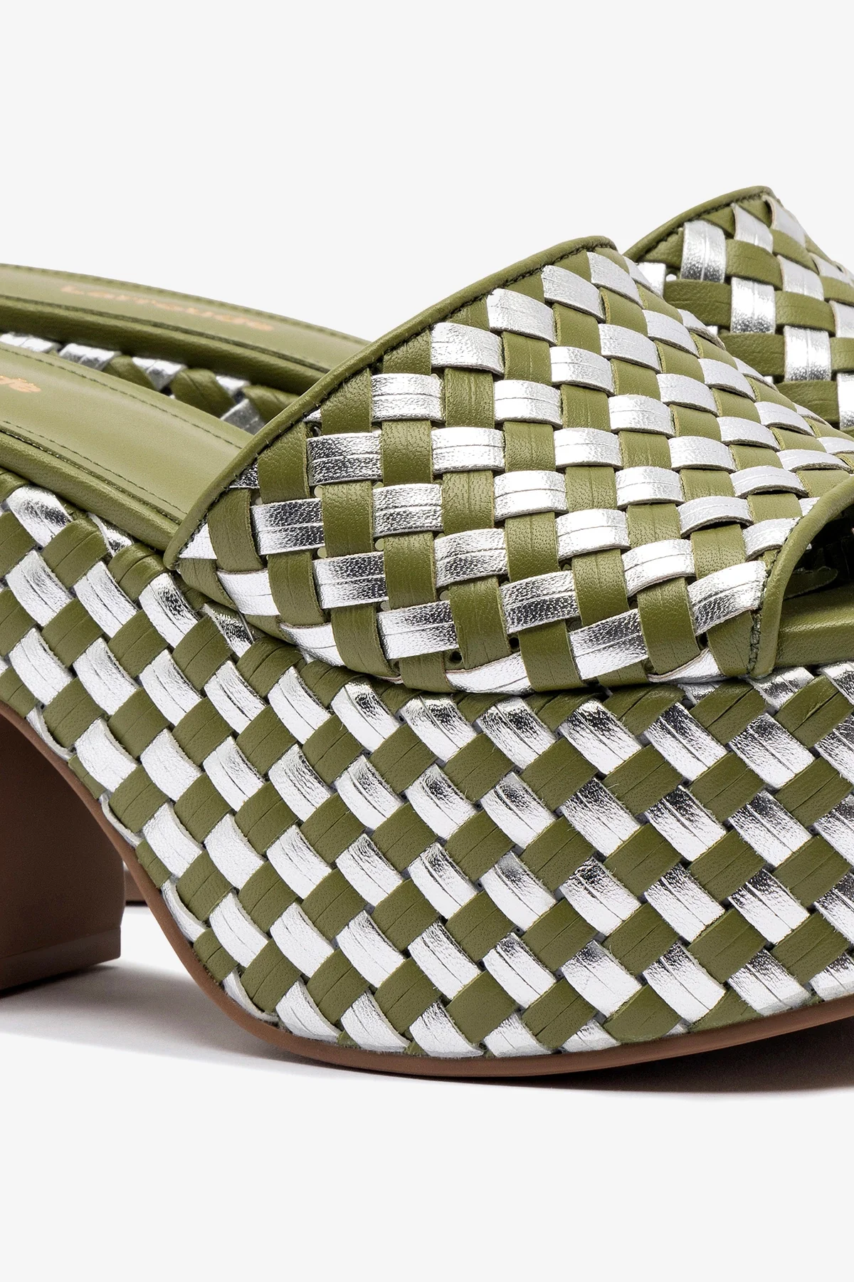 Miso Platform Sandal In Seaweed Leather and Silver Metallic Leather