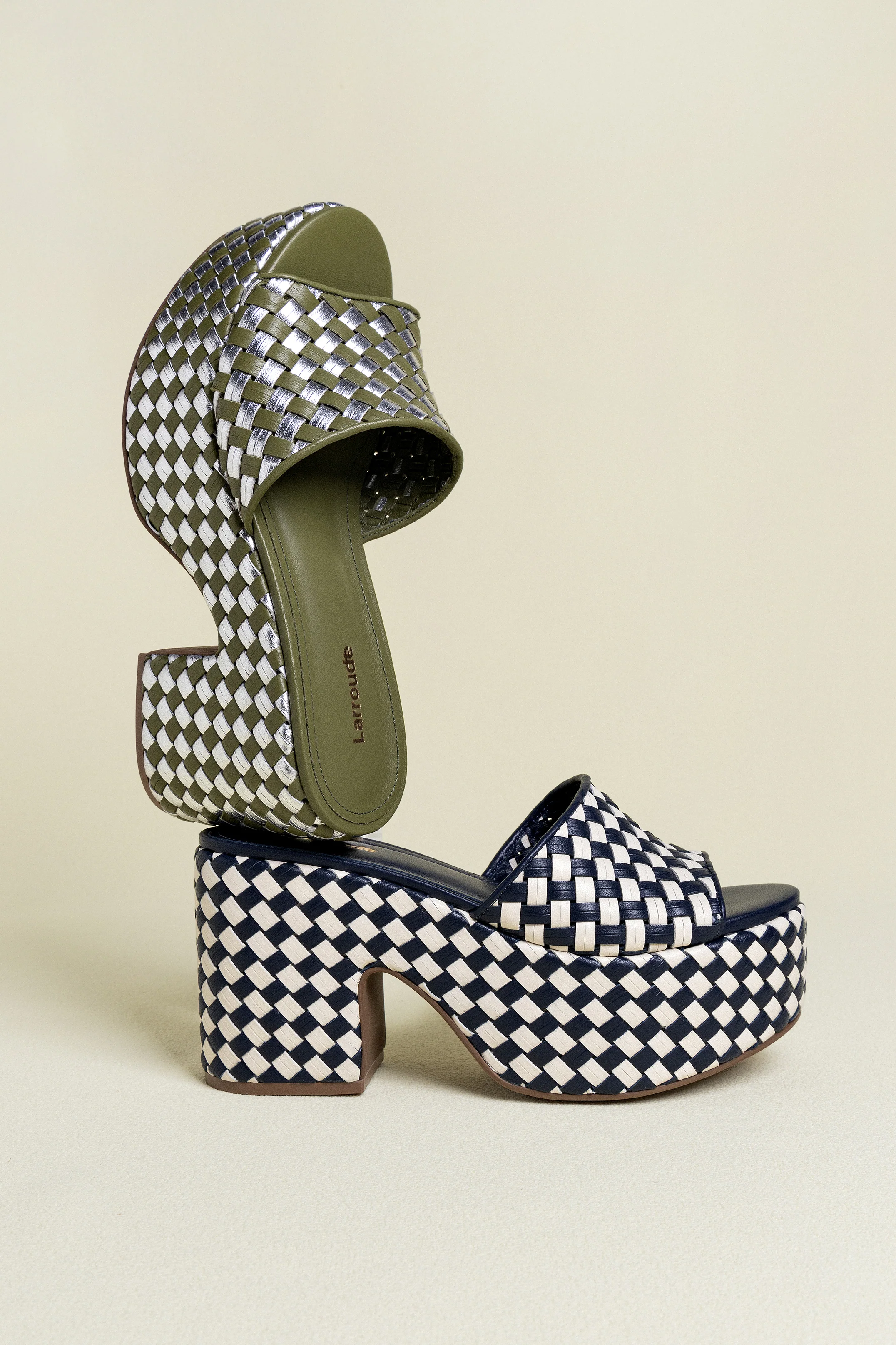 Miso Platform Sandal In Seaweed Leather and Silver Metallic Leather