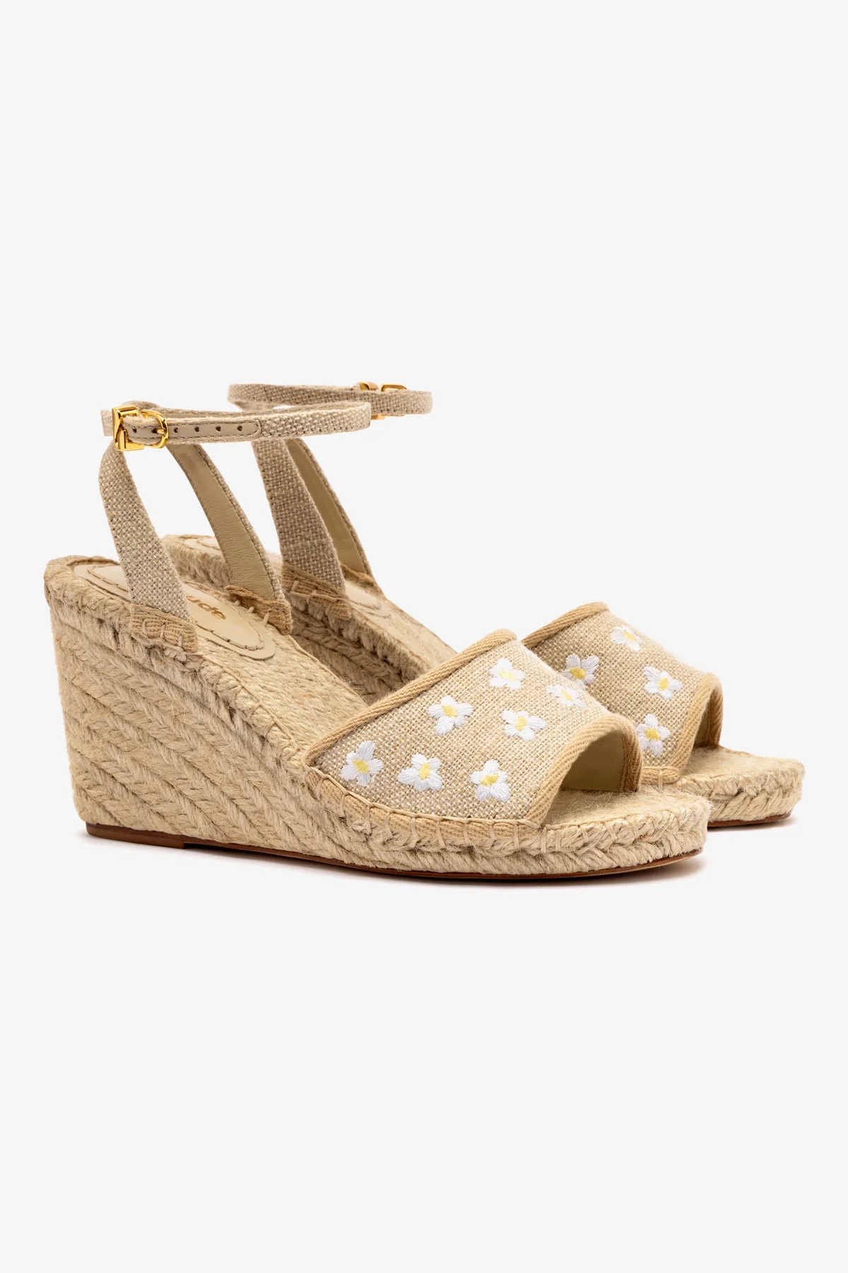 Letizia Espadrille Wedge In Raw Linen and Daisy Embroidery