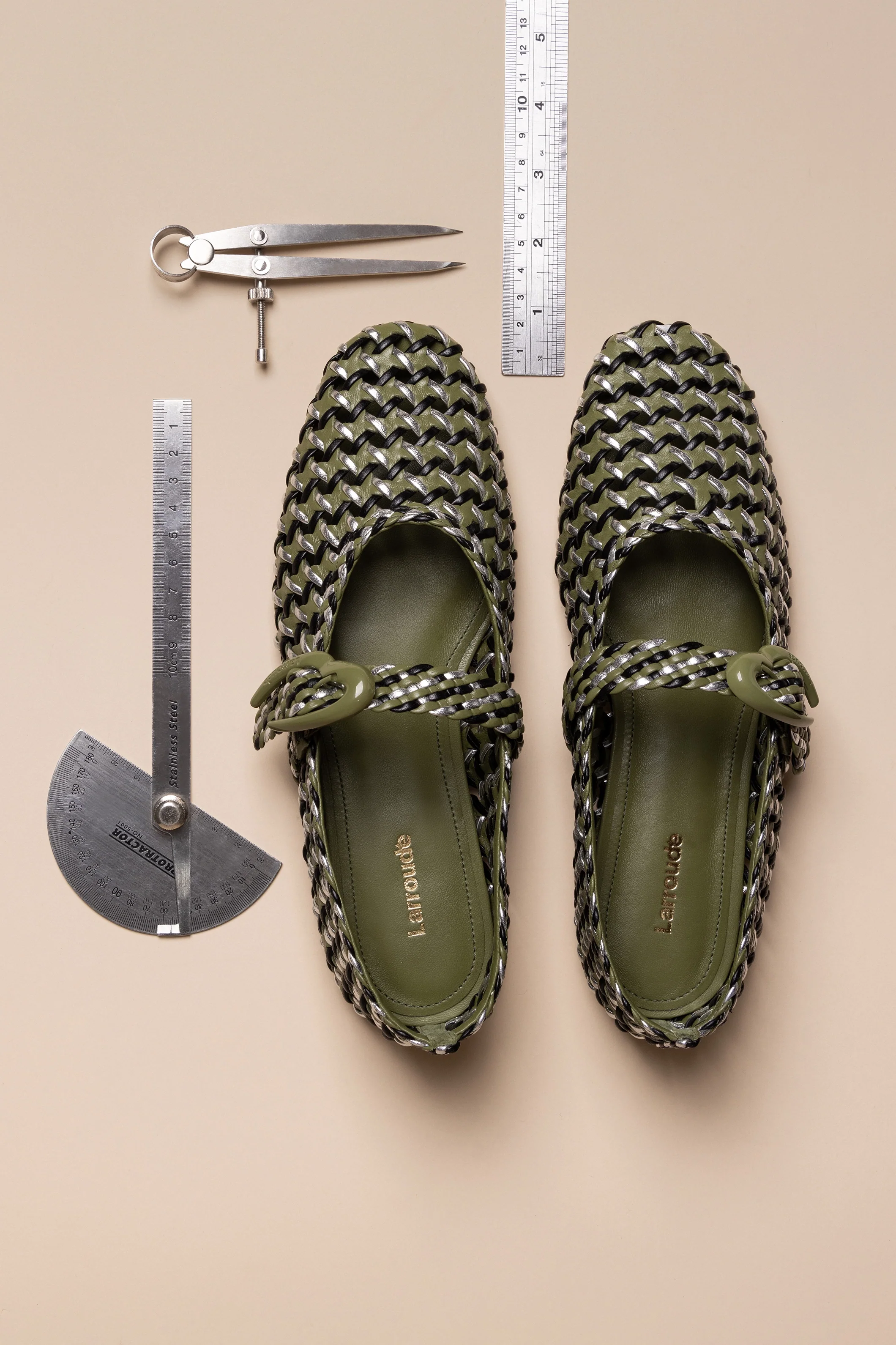 Verona Macrame Ballet Flat In Seaweed, Black and Silver Metallic Leather