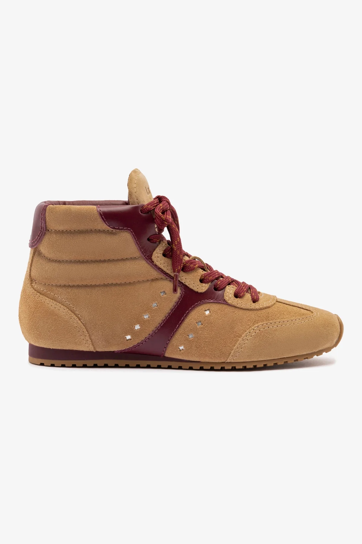 Stella Mid Sneaker In Peanut Suede and Burgundy Leather