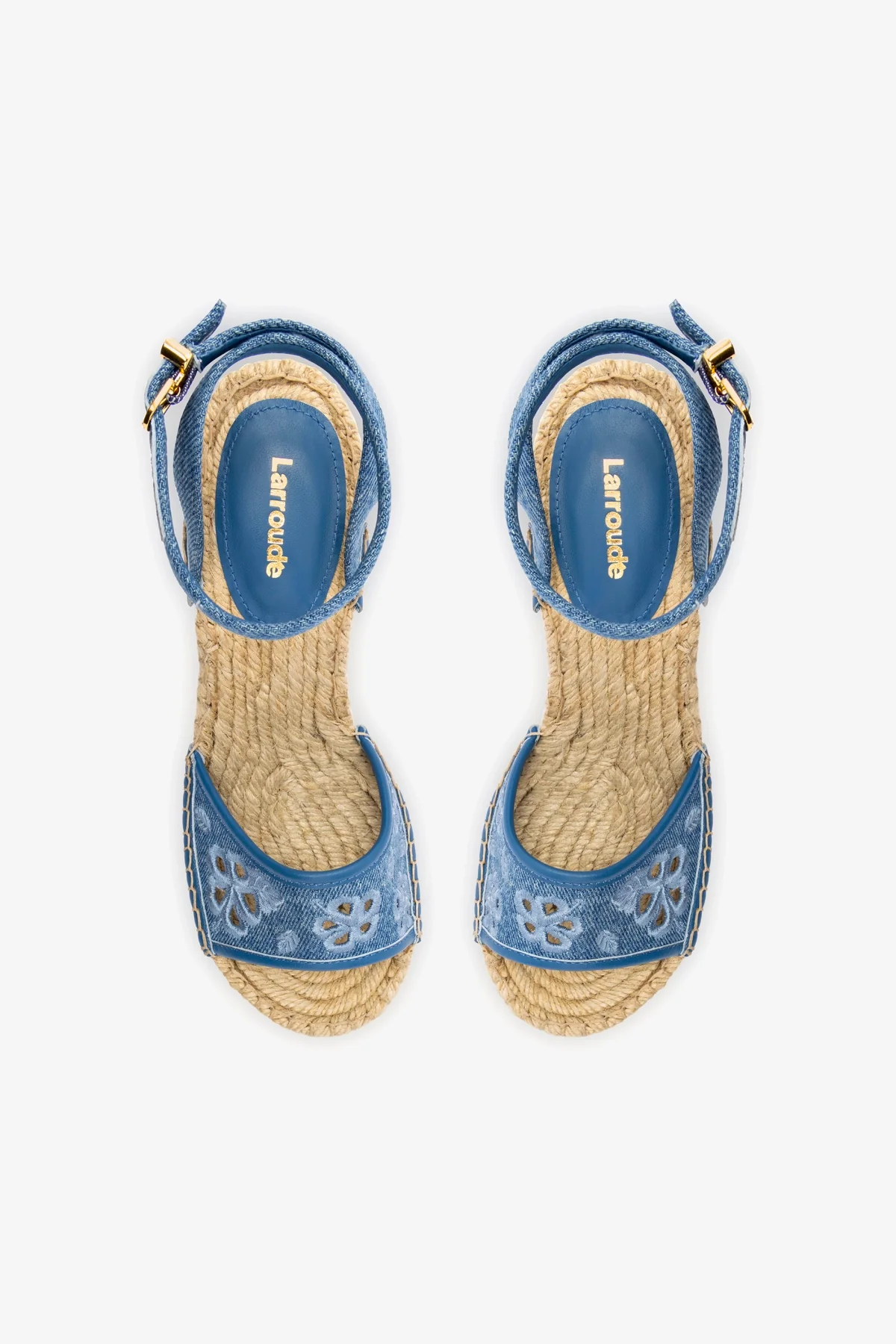 Letizia Espadrille Wedge In Blue Stoned Denim and Hibiscus Broderie