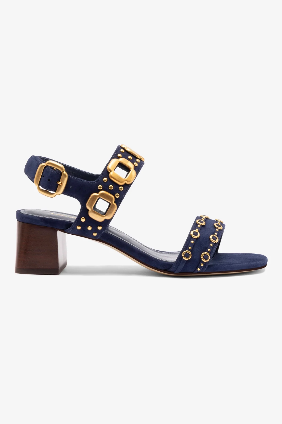 Milan Studs Block Sandal In Navy Suede