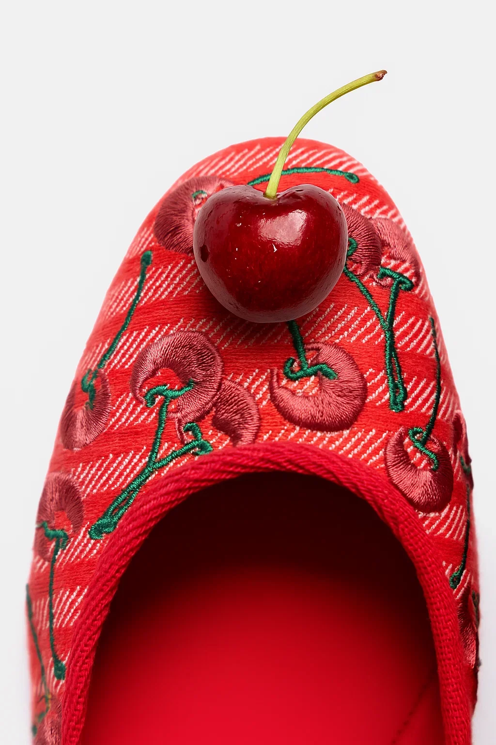 Verona Ballet Flat In Raspberry Striped Fabric and Cherry Embroidery