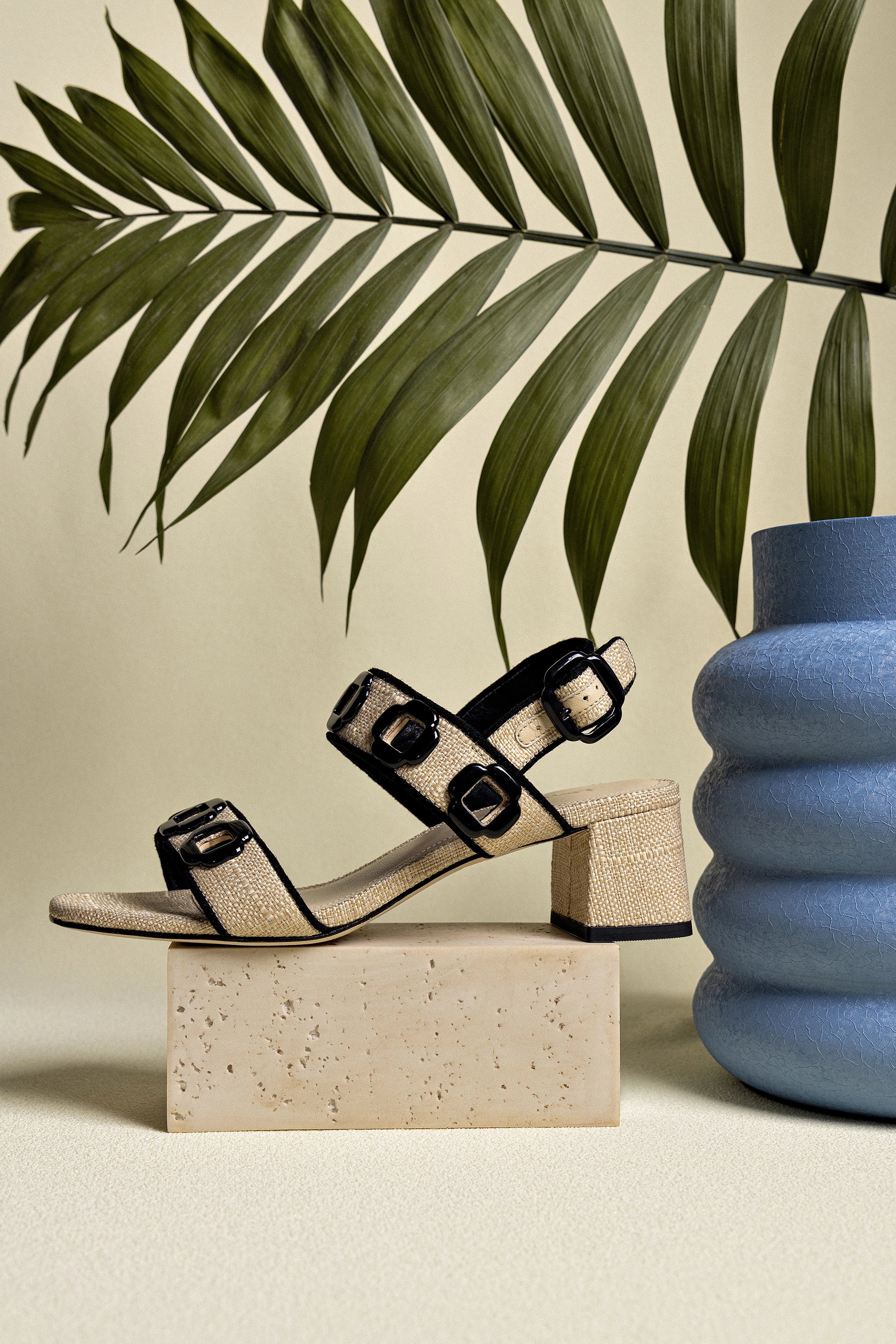 Milan Sandal In Beige Raffia and Black Trimming