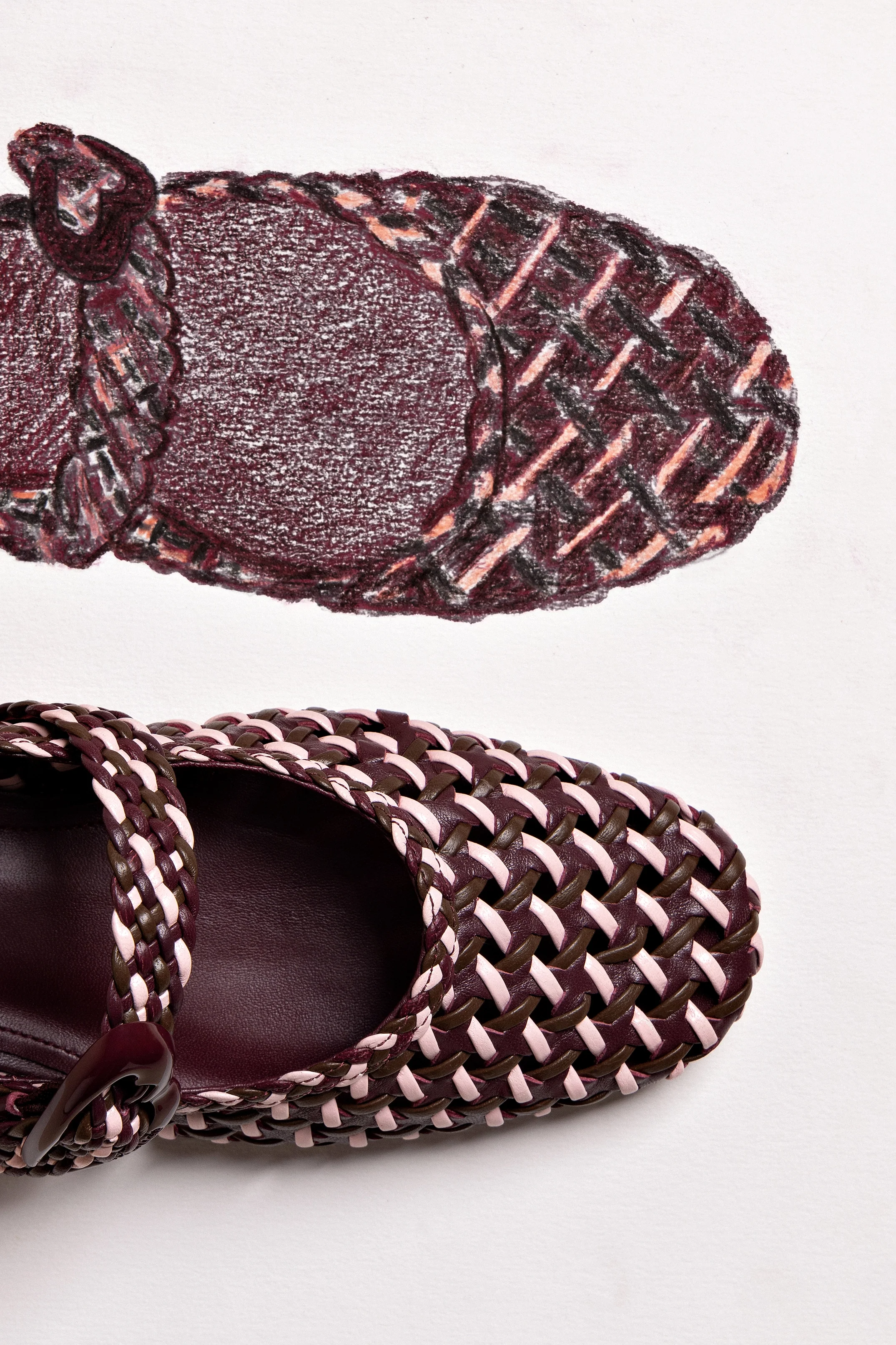 Verona Macrame Ballet Flat In Wine, Tulip and Burnt Umber Leather