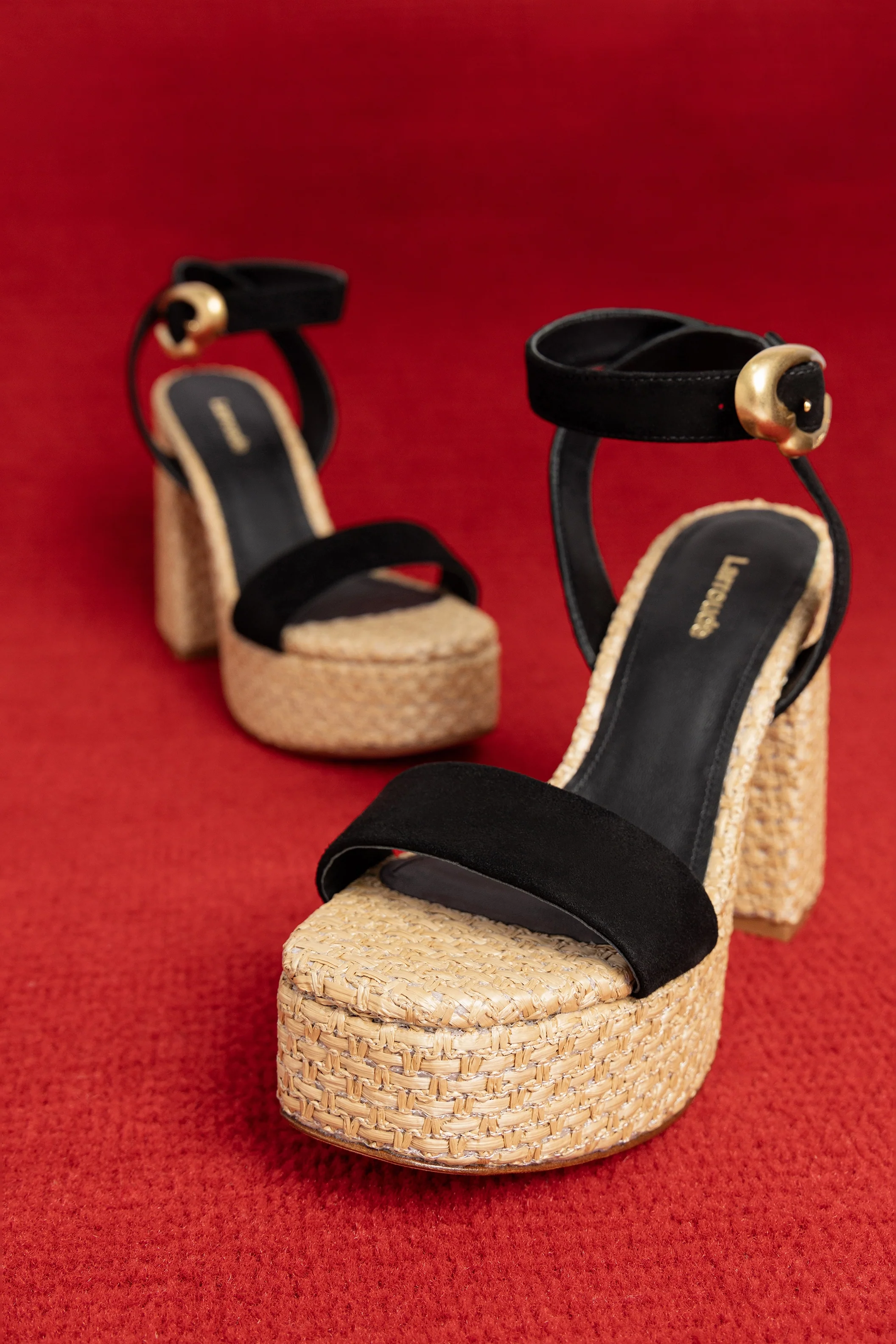 Dolly Verona Sandal In Black Suede and Natural Raffia