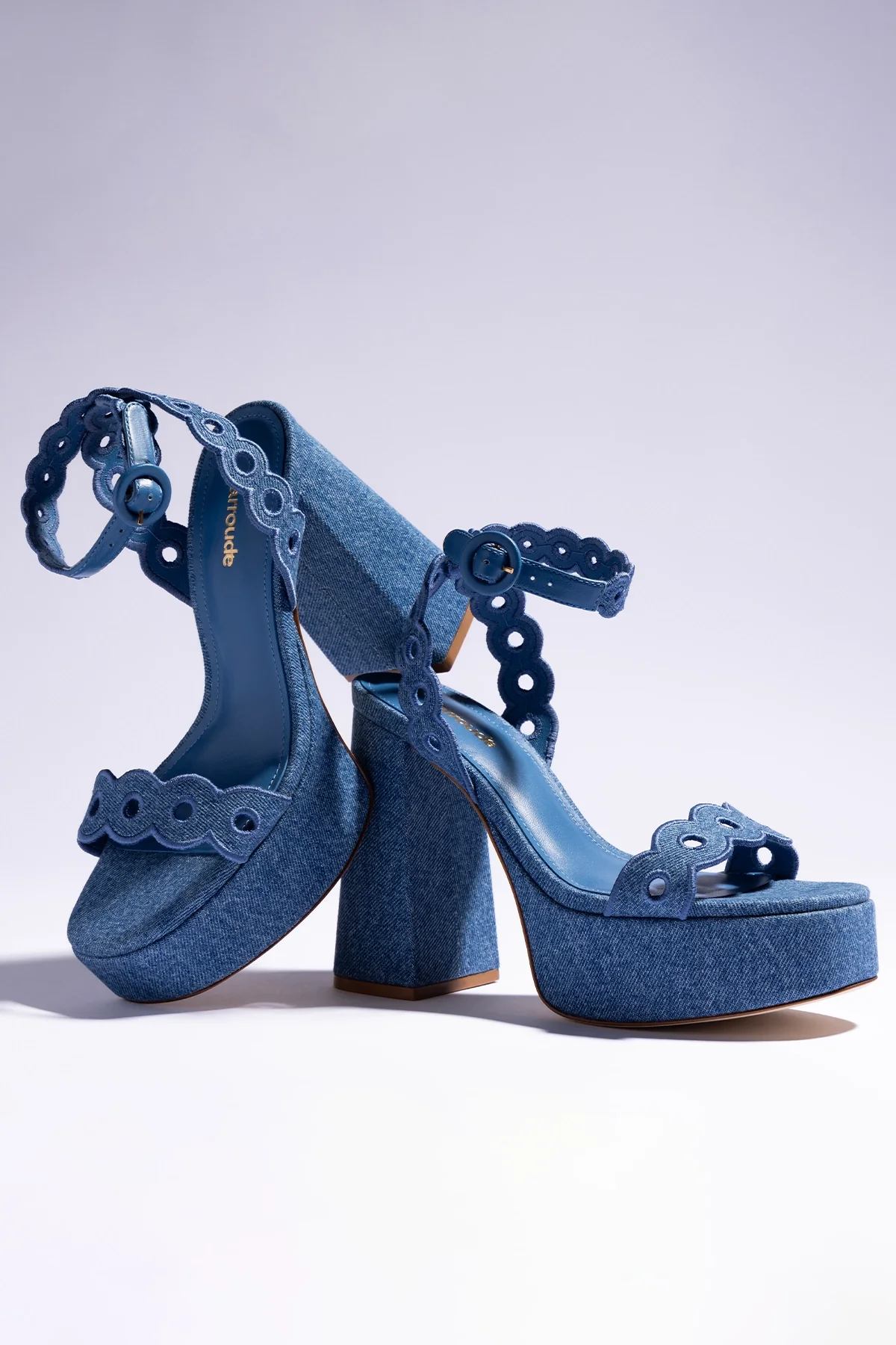 Dolly Broderie Sandal In Blue Stoned Denim