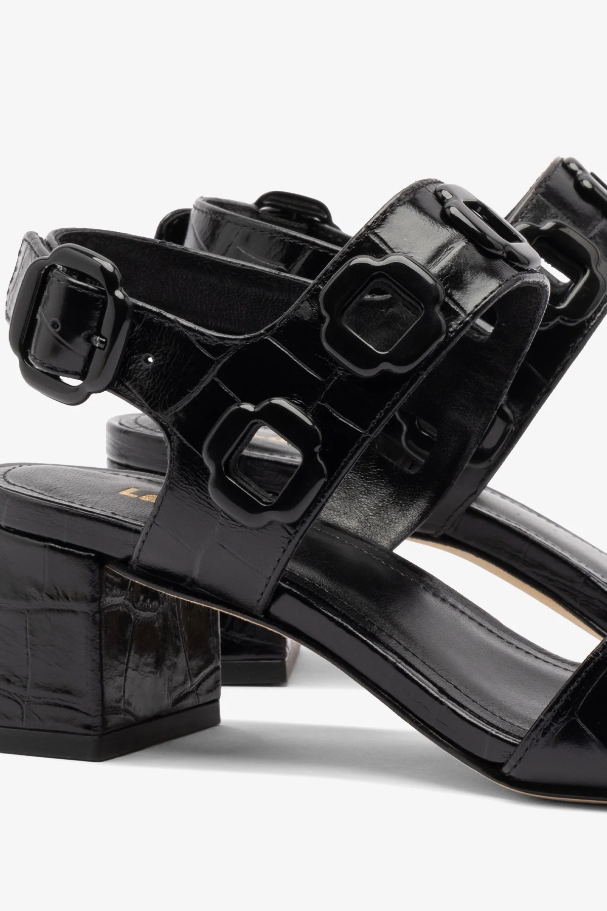 Milan Block Sandal In Black Croc Printed Leather