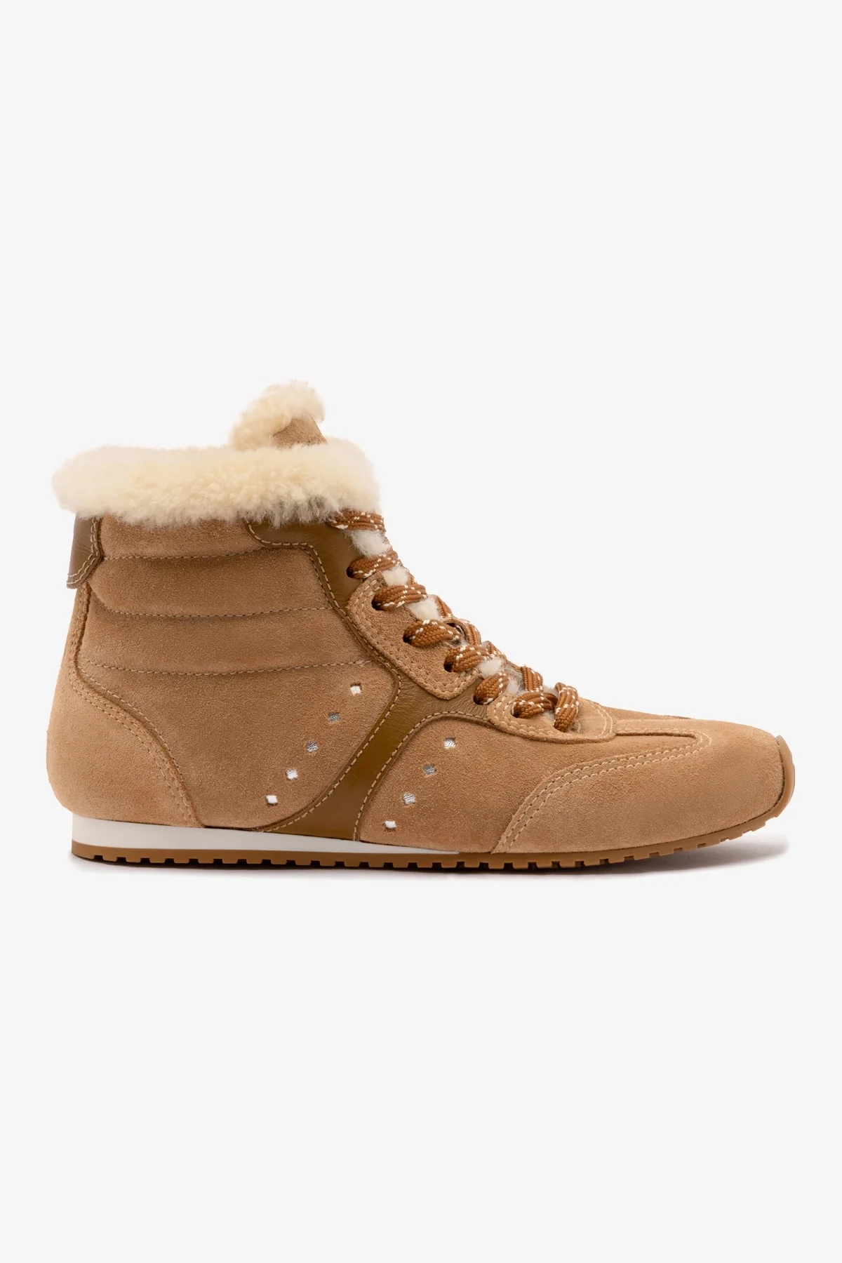Stella Mid Sneaker In Peanut Suede And Natural Shearling