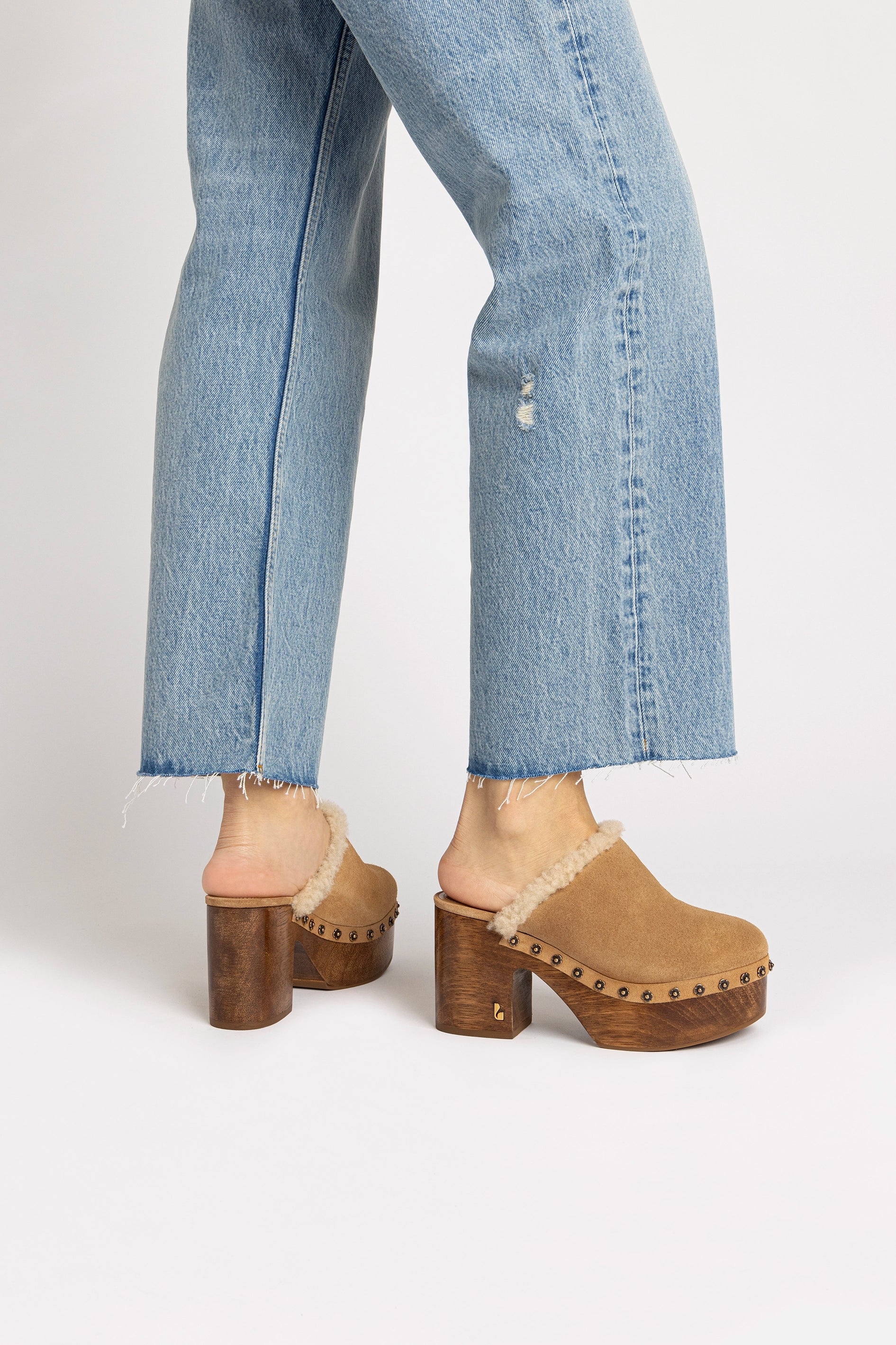 Miso Wooden Platform Clog In Peanut Suede And Natural Shearling