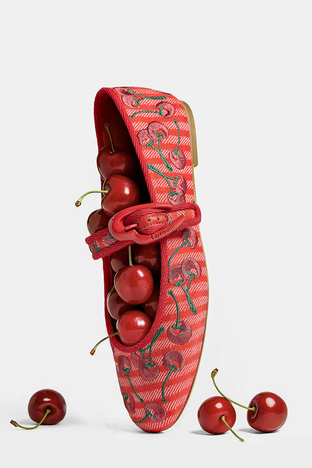 Verona Ballet Flat In Raspberry Striped Fabric and Cherry Embroidery