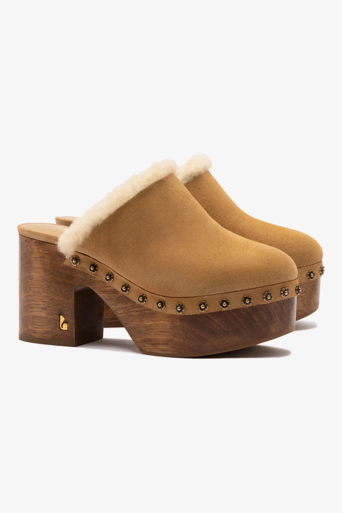 Miso Wooden Platform Clog In Peanut Suede And Natural Shearling