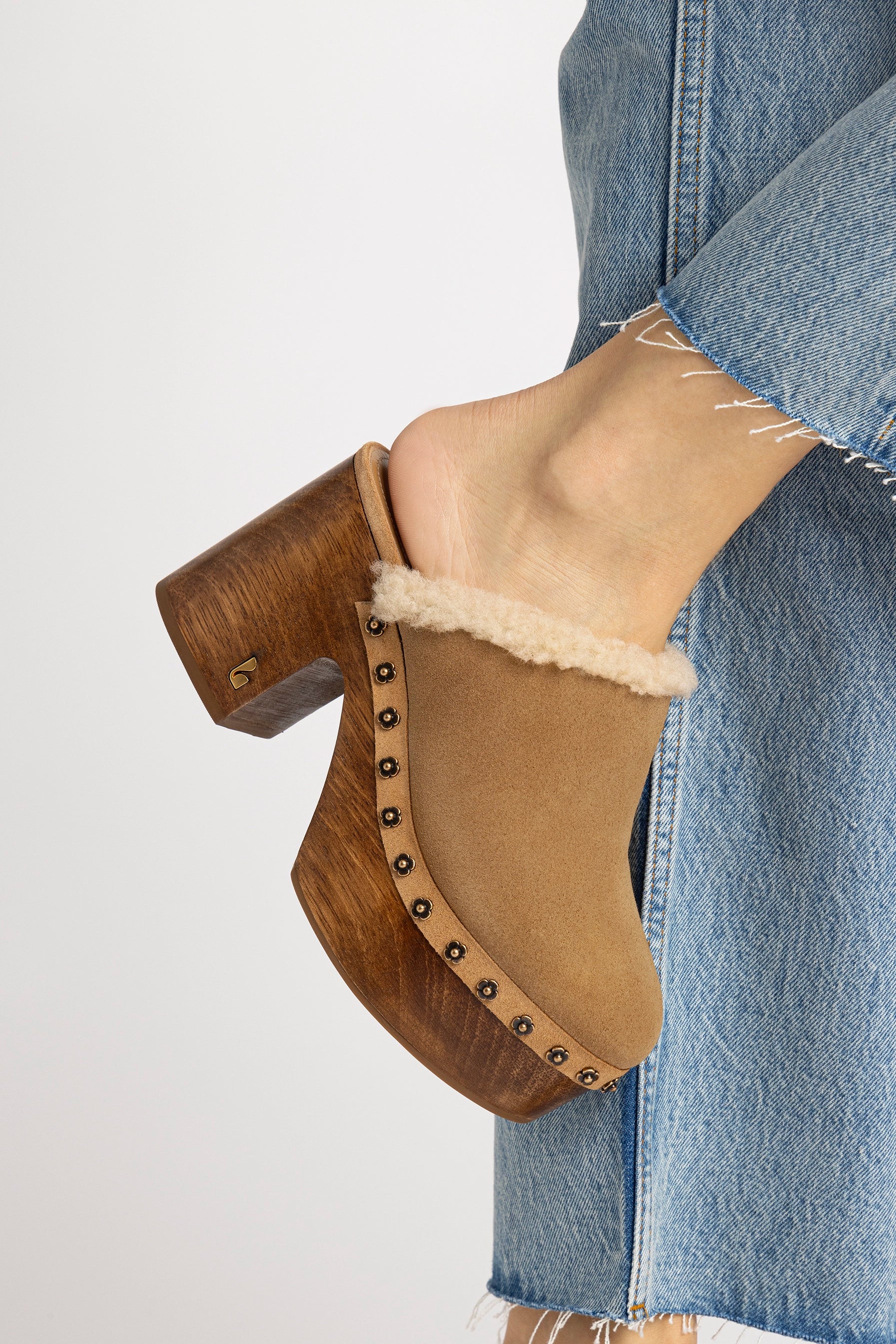 Miso Wooden Platform Clog In Peanut Suede And Natural Shearling