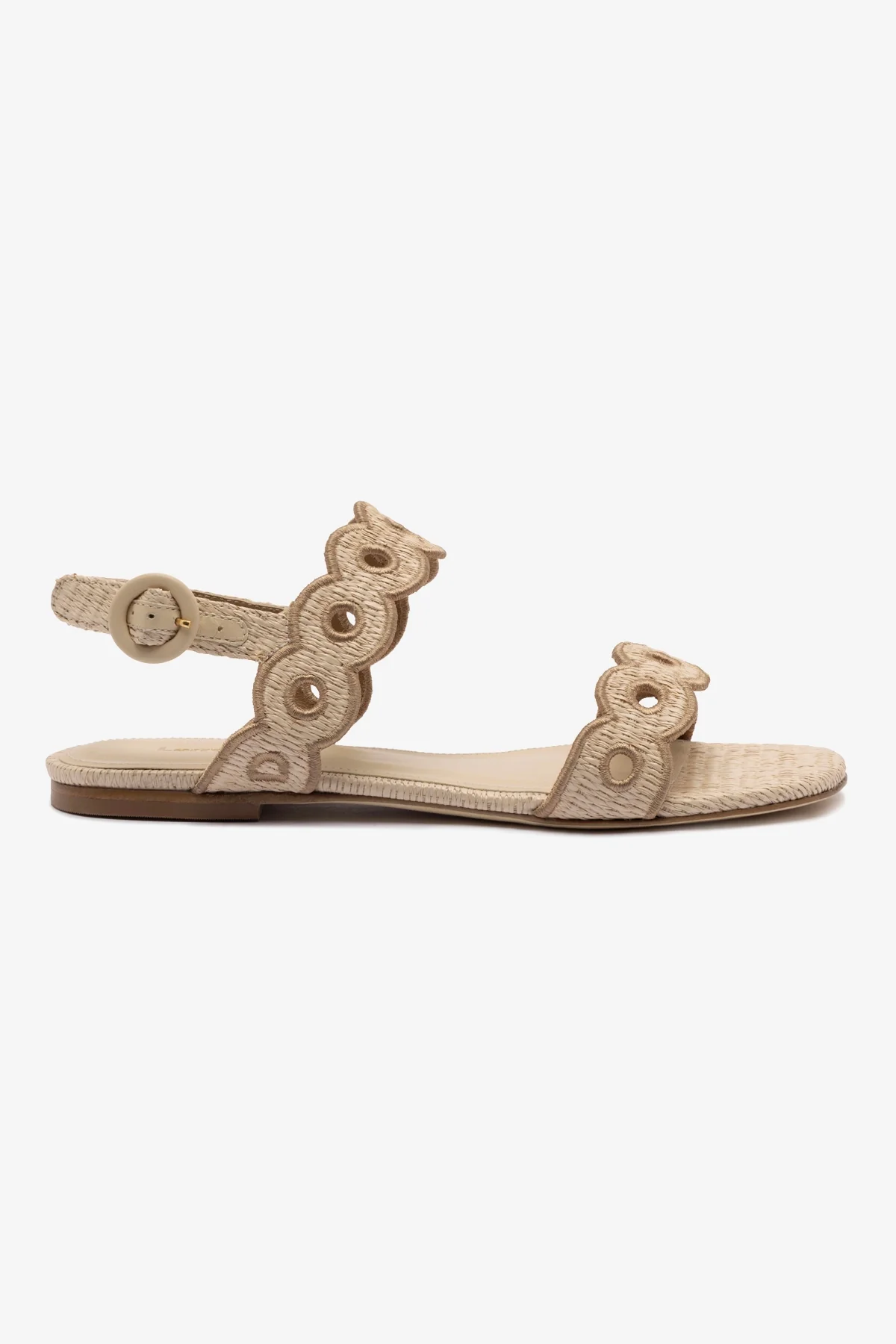 Florence Broderie Flat Sandal In Natural Raffia and Hazelnut Trimming
