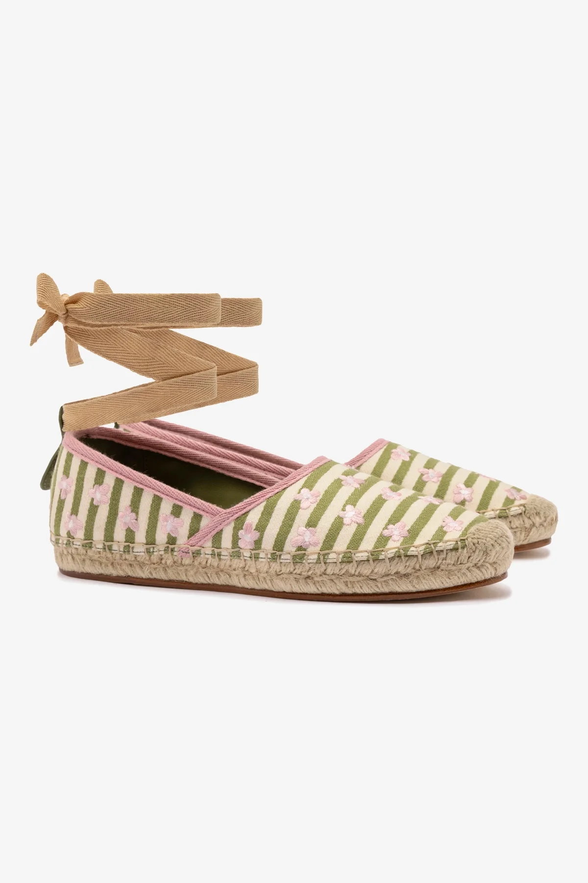 Letizia Espadrille Flat In Seaweed and Natural Striped Fabric and Daisy Embroidery