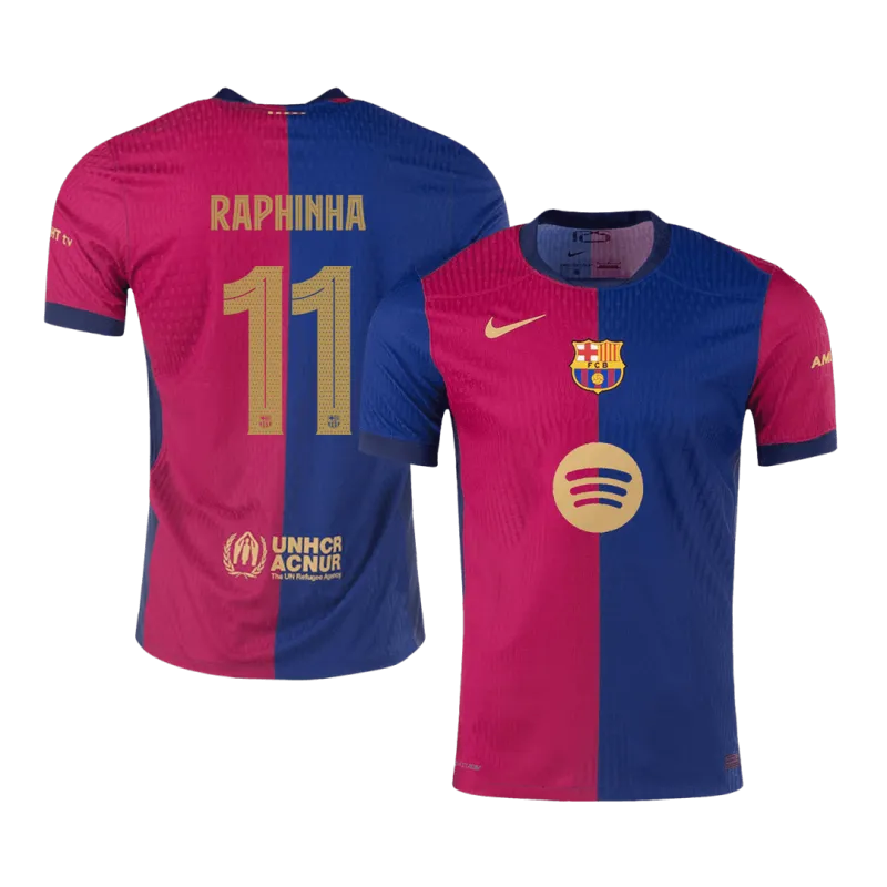 RAPHINHA #11 Barcelona Home Authentic Soccer Jersey 2024/25   UCL(Spotify Logo Without Text)