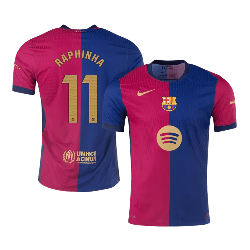 RAPHINHA #11 Barcelona Home Authentic Soccer Jersey 2024/25   Spotify Logo Without Text