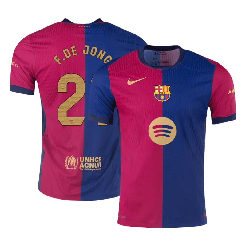 F.DE JONG #21 Barcelona Home Authentic Soccer Jersey 2024/25   Spotify Logo Without Text