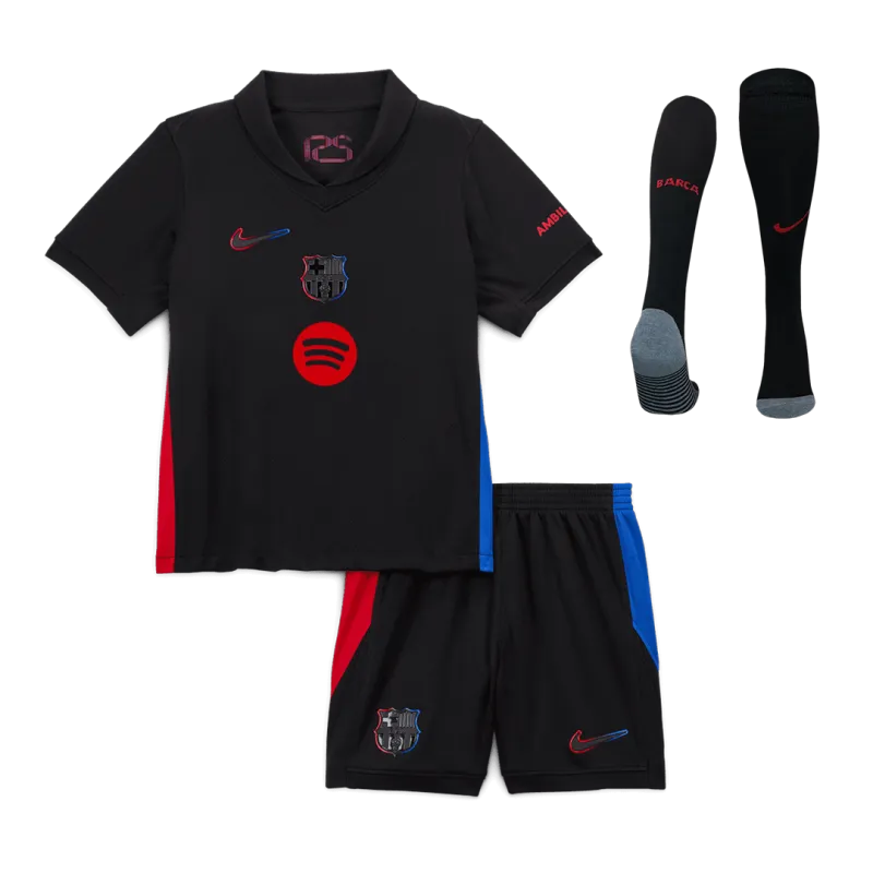 Barcelona Away Kids Soccer Jerseys Full Kit 2024/25   Spotify Logo Without Text