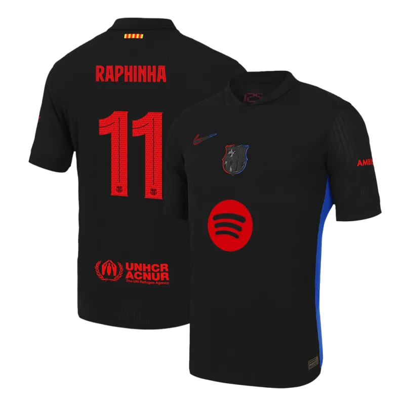 RAPHINHA #11 Barcelona Away Authentic Soccer Jersey 2024/25   UCL (Spotify Logo Without Text)