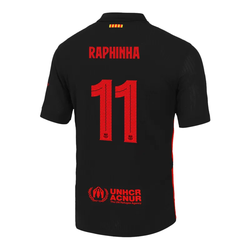 RAPHINHA #11 Barcelona Away Authentic Soccer Jersey 2024/25   UCL (Spotify Logo Without Text)