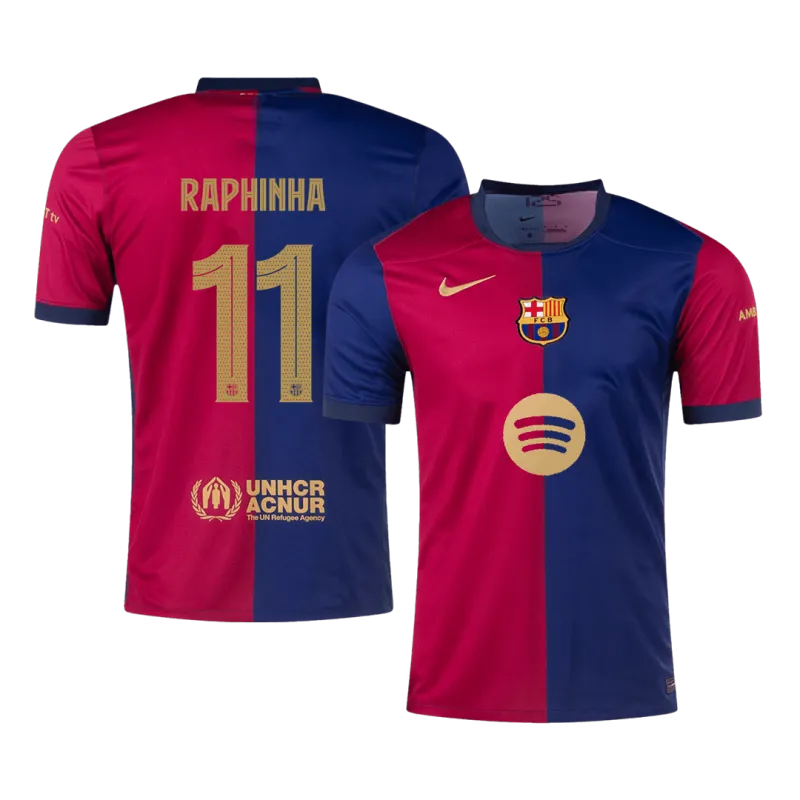 RAPHINHA #11 Barcelona Home Soccer Jersey 2024/25   UCL(Spotify Logo Without Text)