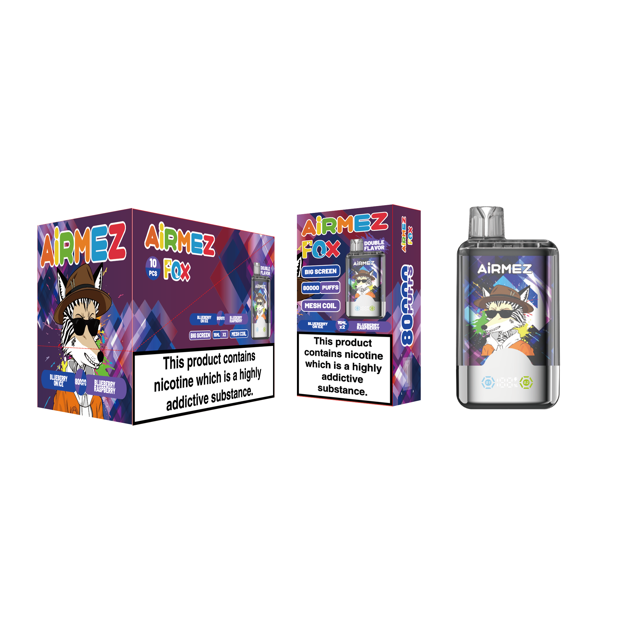 Blueberry On Ice / Blueberry Raspberry Airmez Fox 2in1 80000 Puffs Double Flavor Disposable Vape With Nicotine EU Warehouse