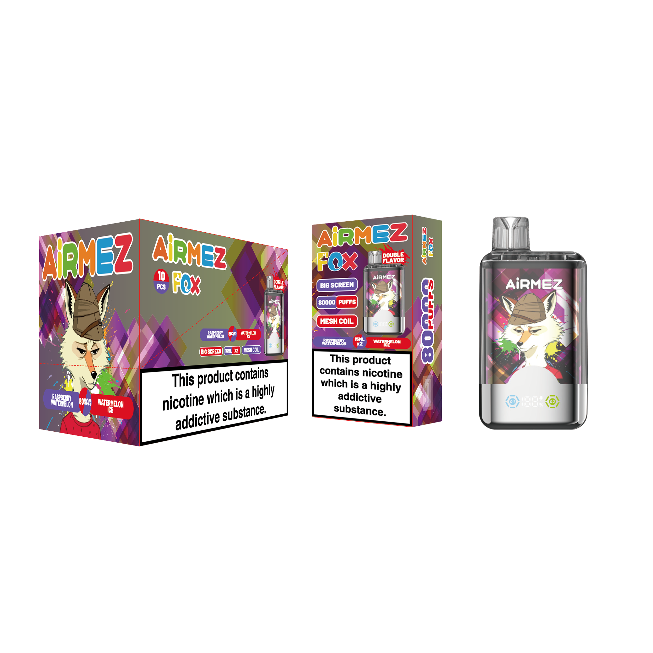 Watermelon Ice / Raspberry Watermelon Airmez Fox 2in1 80000 Puffs Double Flavor Disposable Vape With Nicotine EU Warehouse