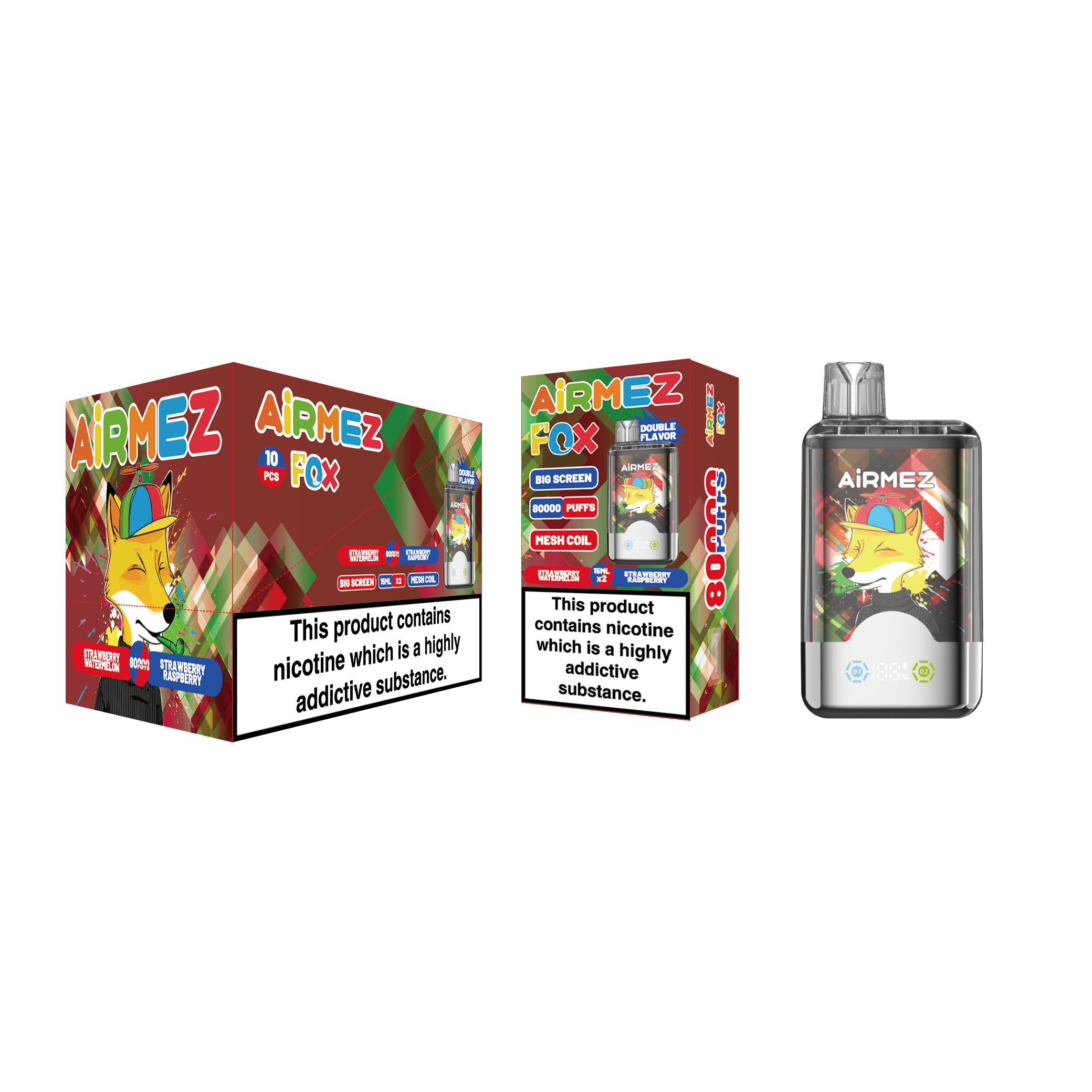 Airmez Fox 2 in 1 80000 Puffs Vape Strawberry Watermelon / Strawberry Raspberry Double Flavor Disposable Vape with Nicotine EU Warehouse