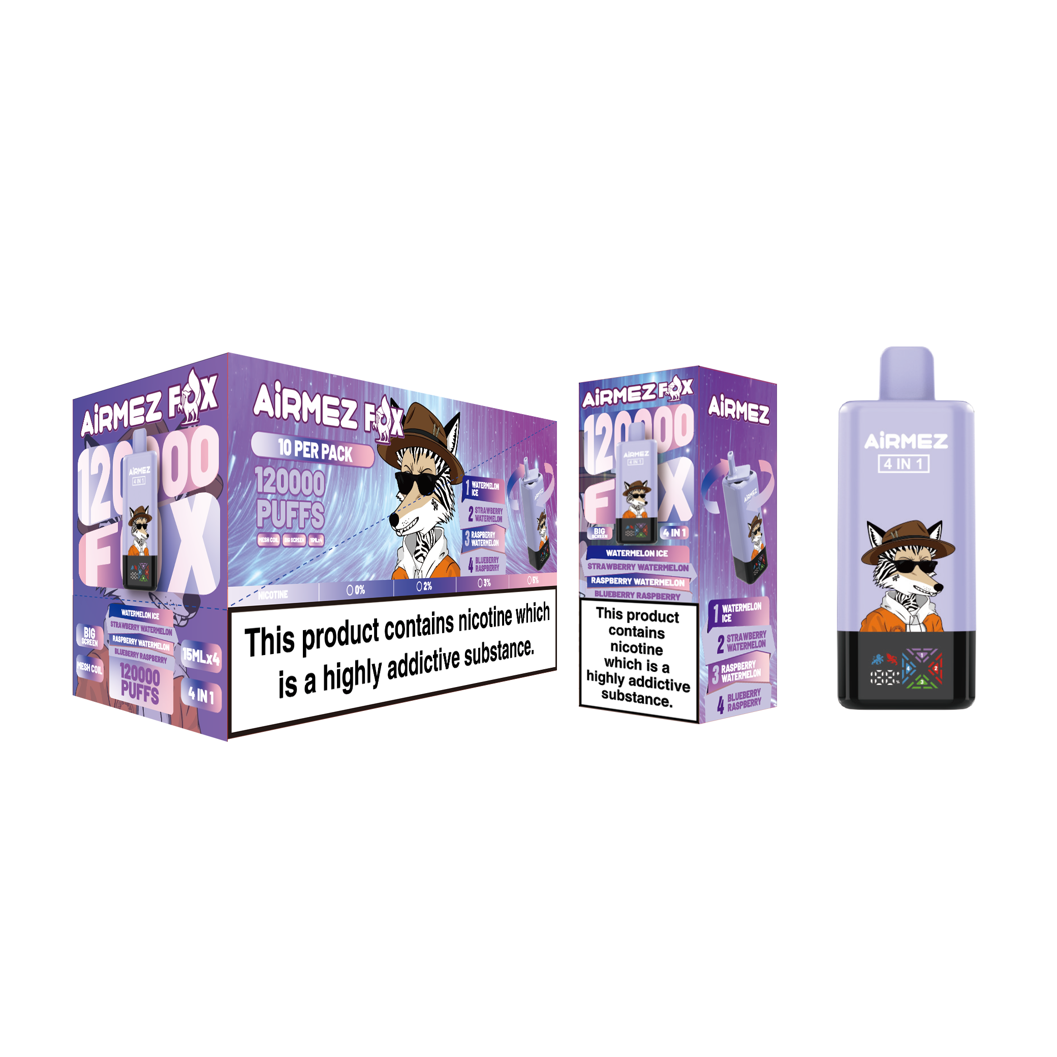 WATERMELON ICE / RASPBERRY WATERMELON BLUEBERRY RASPBERRY / STRAWBERRY WATERMELON Airmez Fox 4in1 120000 Puffs Vape