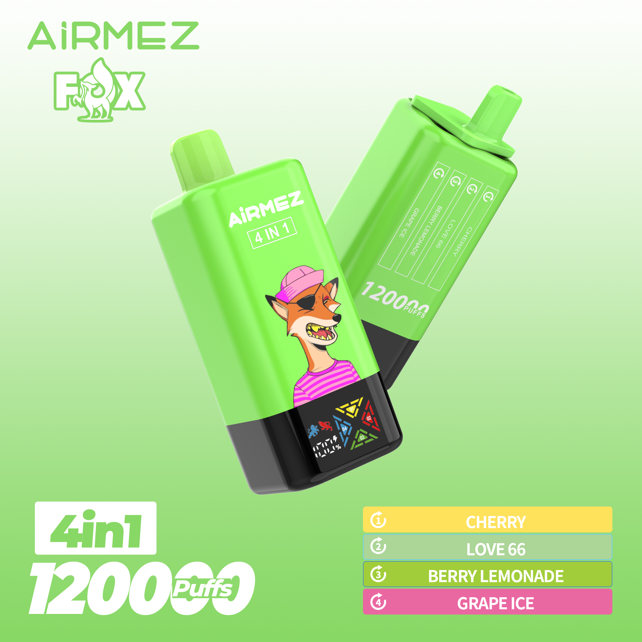 CHERRY / LOVE 66 BERRY LEMONADE / GRAPE ICE Airmez Fox 4in1 120000 Puffs Diposable Vape Type-C Rechargeable, LED Display