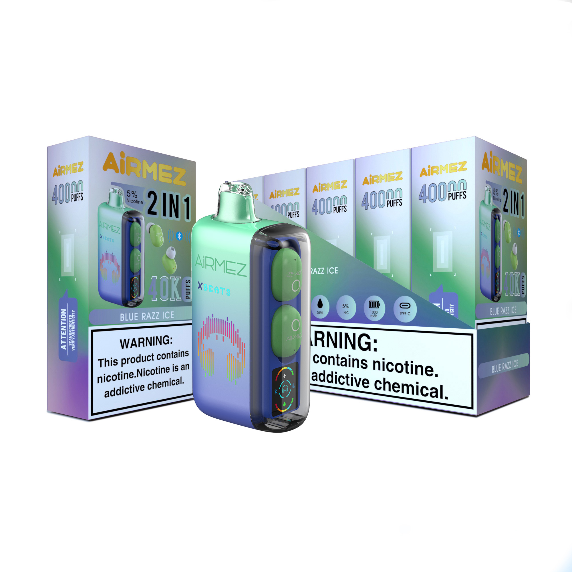 Airmez Xbeats Blue Razz Ice Vape Type-C Rechargeable, with Bluetooth 5.0 HiFi Earphones - 40000 Puffs