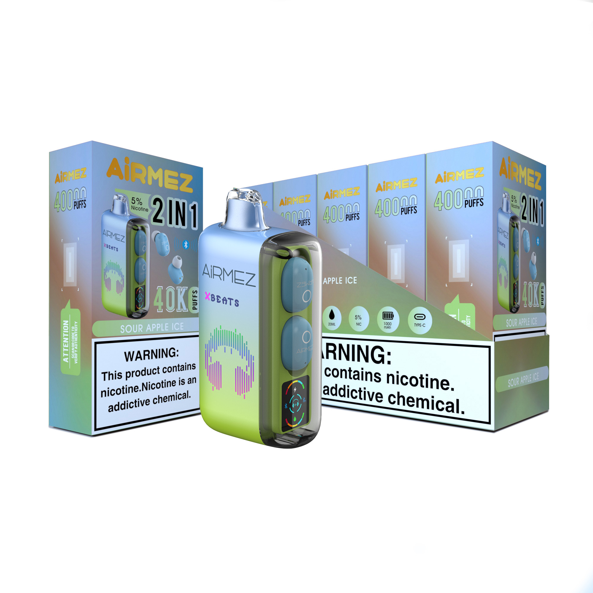 Airmez Xbeats Sour Apple Ice Vape With Earphone HiFi Music Disposable Vape - 40000 Puffs