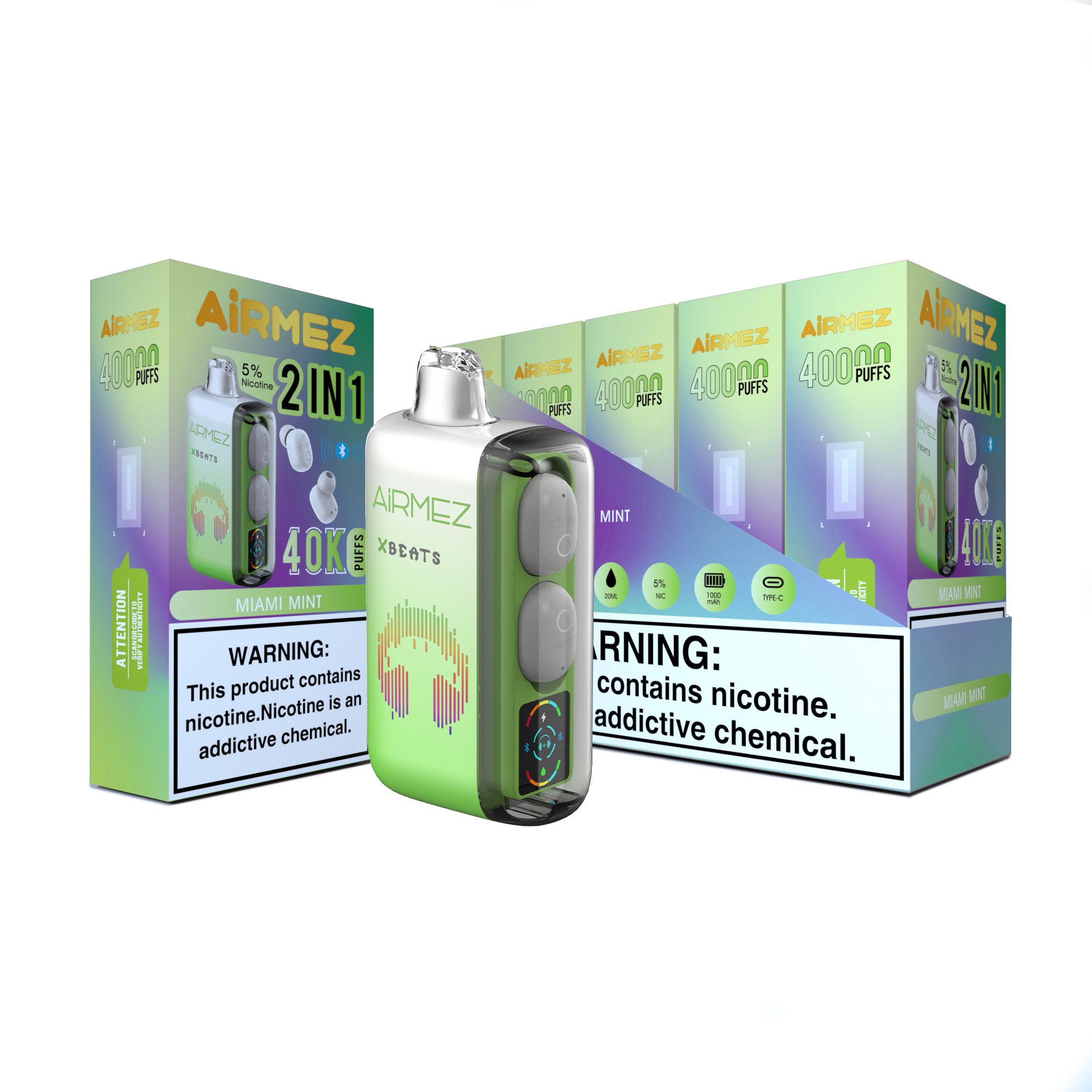 Airmez Xbeats Miami Mint Vape Disposable Vape With Earphone Bluetooth - 40000 Puffs