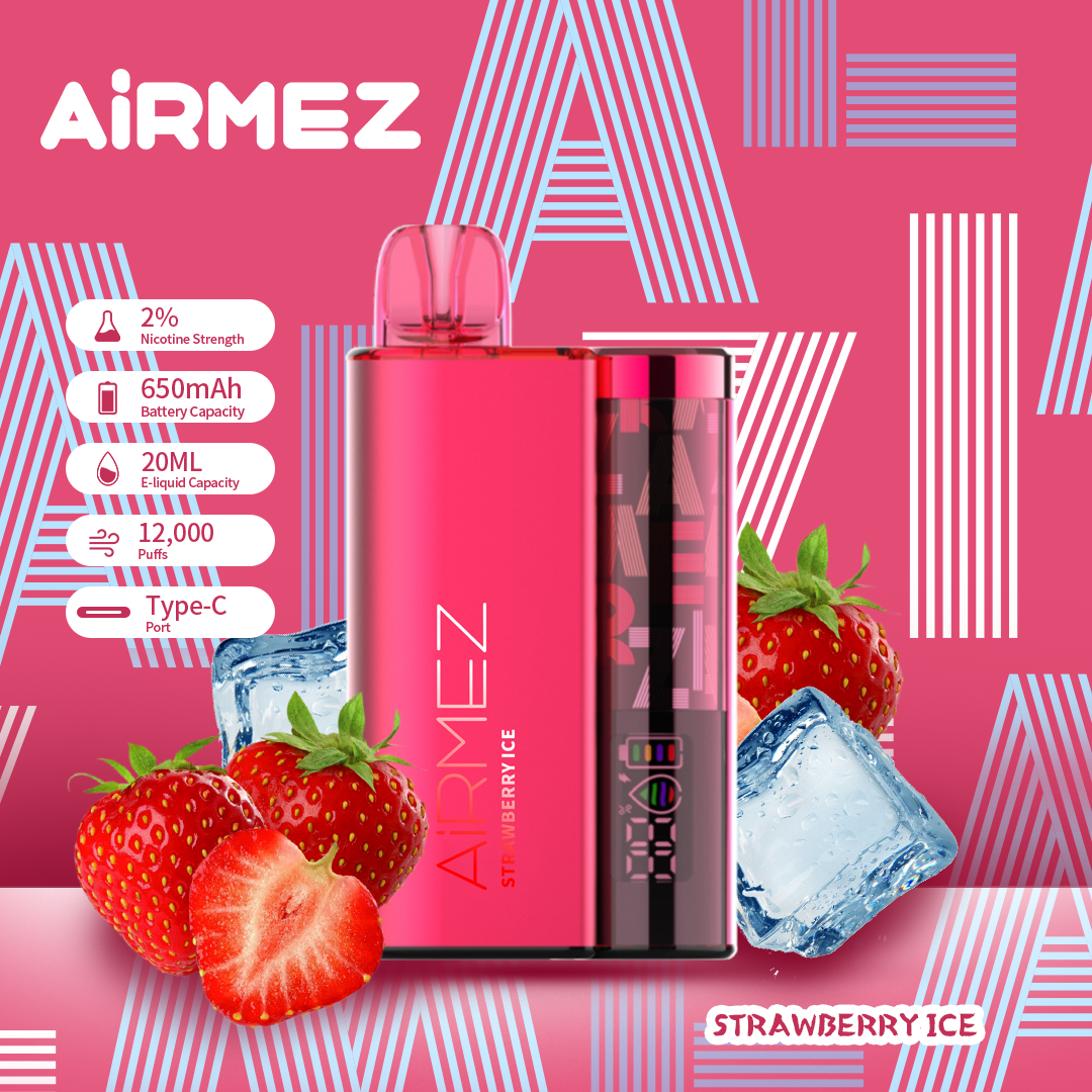 Airmez 20K Puffs Disposable Vape | 20mL E-Liquid | Type-C Rechargeable Mesh Coil E-Shisha Ship to AU Strawberry Ice