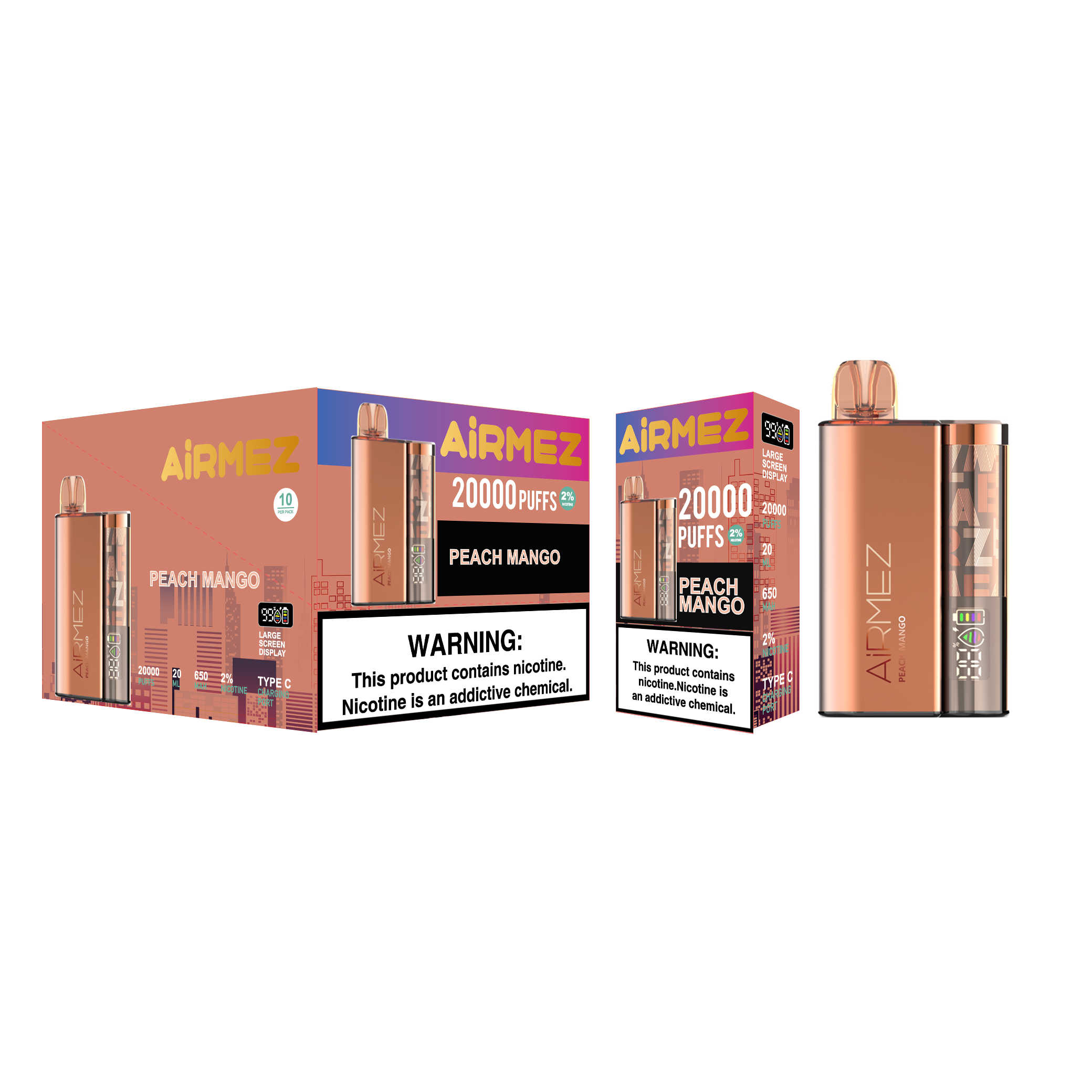 Airmez 20K Puffs Disposable Vape | 20mL E-Liquid | Type-C Rechargeable Mesh Coil E-Shisha Ship to AU Peach Mango