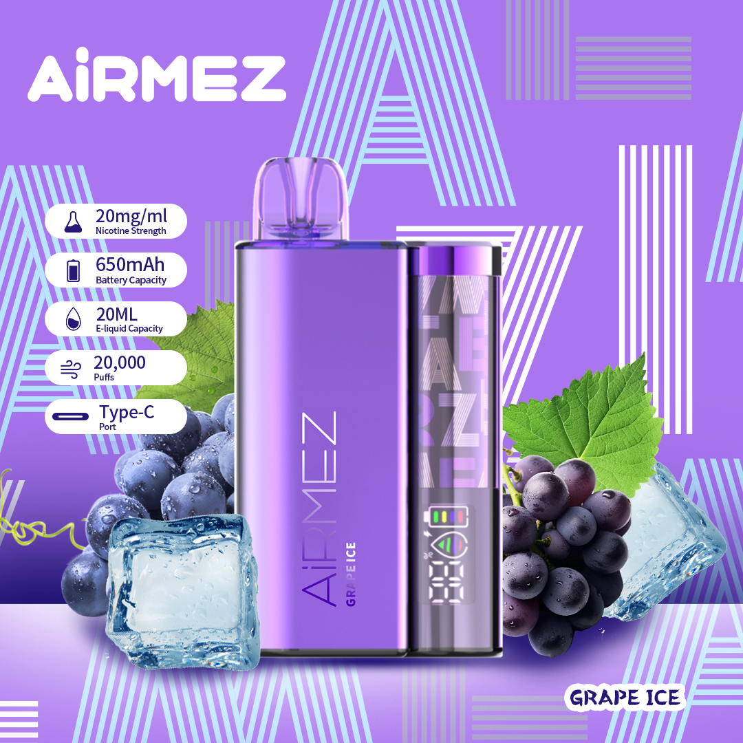 Airmez 20K Puffs Disposable Vape | 20mL E-Liquid | Type-C Rechargeable Mesh Coil E-Shisha Ship to AU Grape Ice