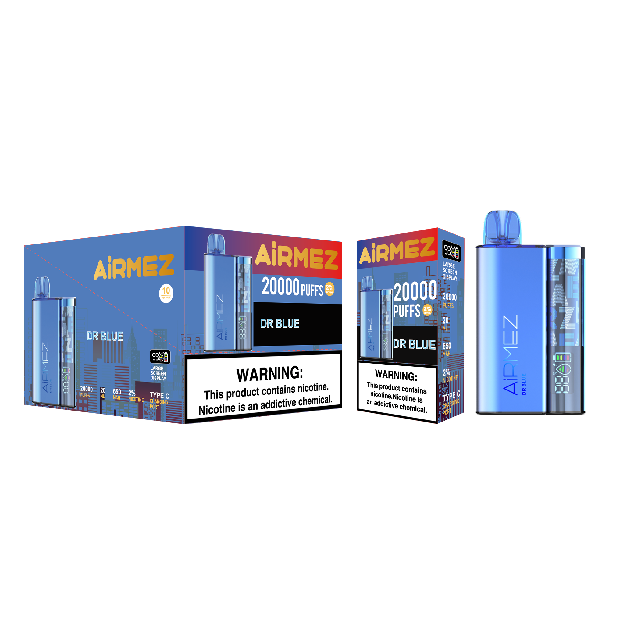 Airmez 20K Puffs Disposable Vape | 20mL E-Liquid | Type-C Rechargeable Mesh Coil E-Shisha Ship to AU Dr Blue