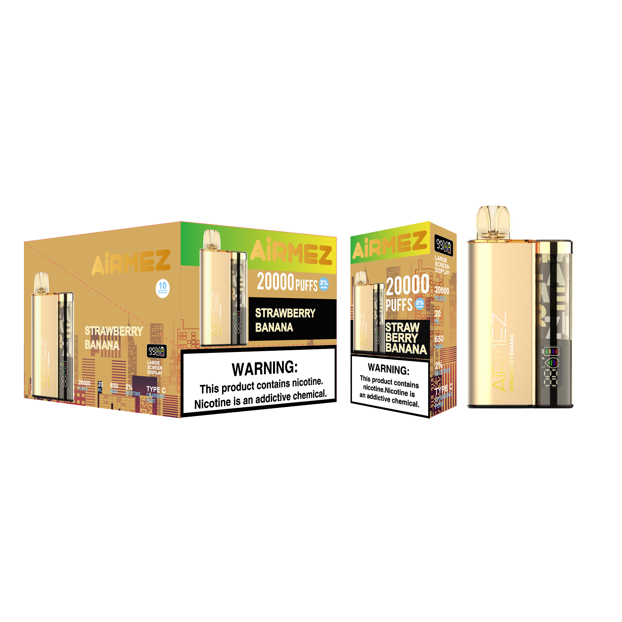 Airmez 20K Puffs Disposable Vape | 20mL E-Liquid | Type-C Rechargeable Mesh Coil E-Shisha Ship to AU Strawberry Banana