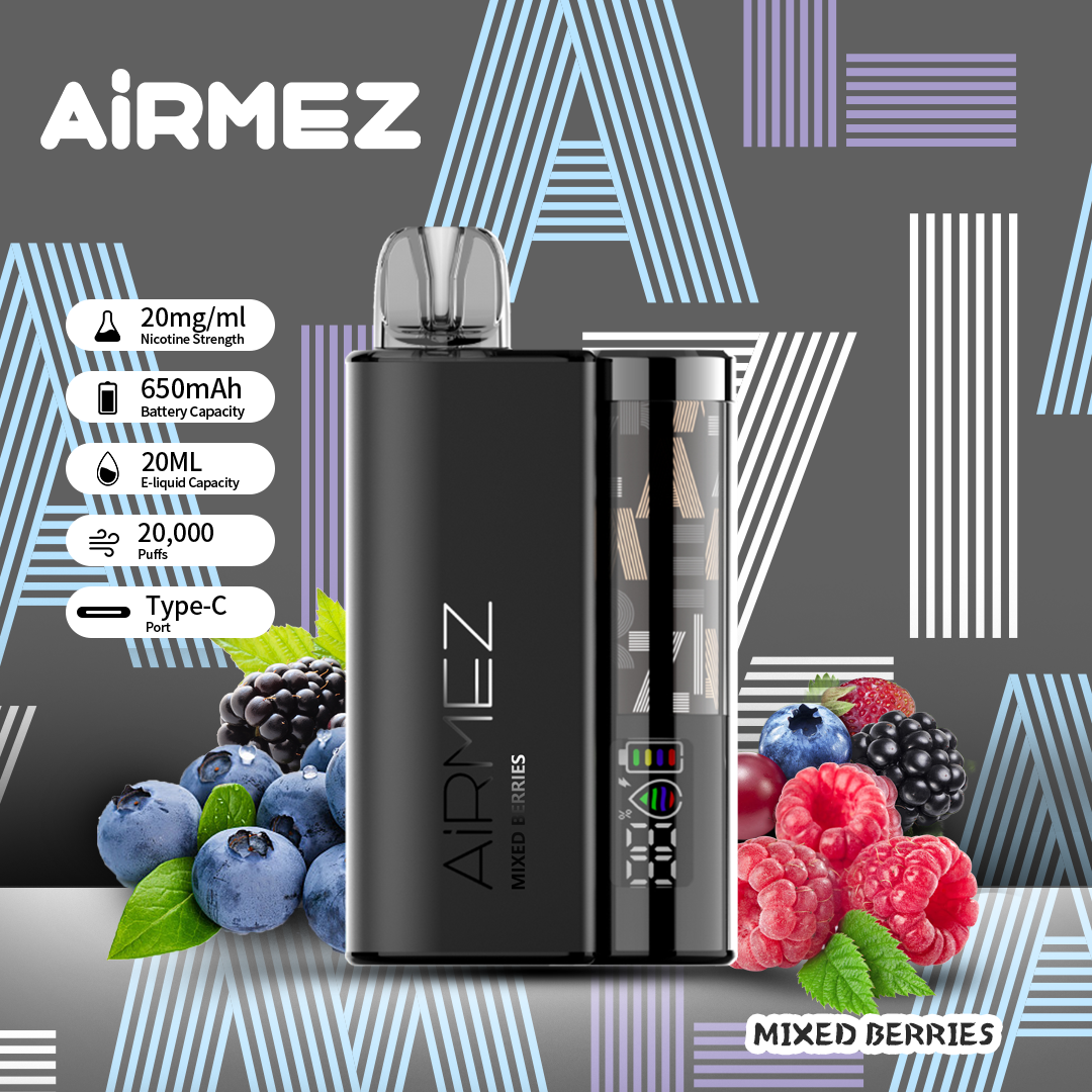 Airmez 20K Puffs Disposable Vape | 20mL E-Liquid | Type-C Rechargeable Mesh Coil E-Shisha Ship to AU Mixed Berry