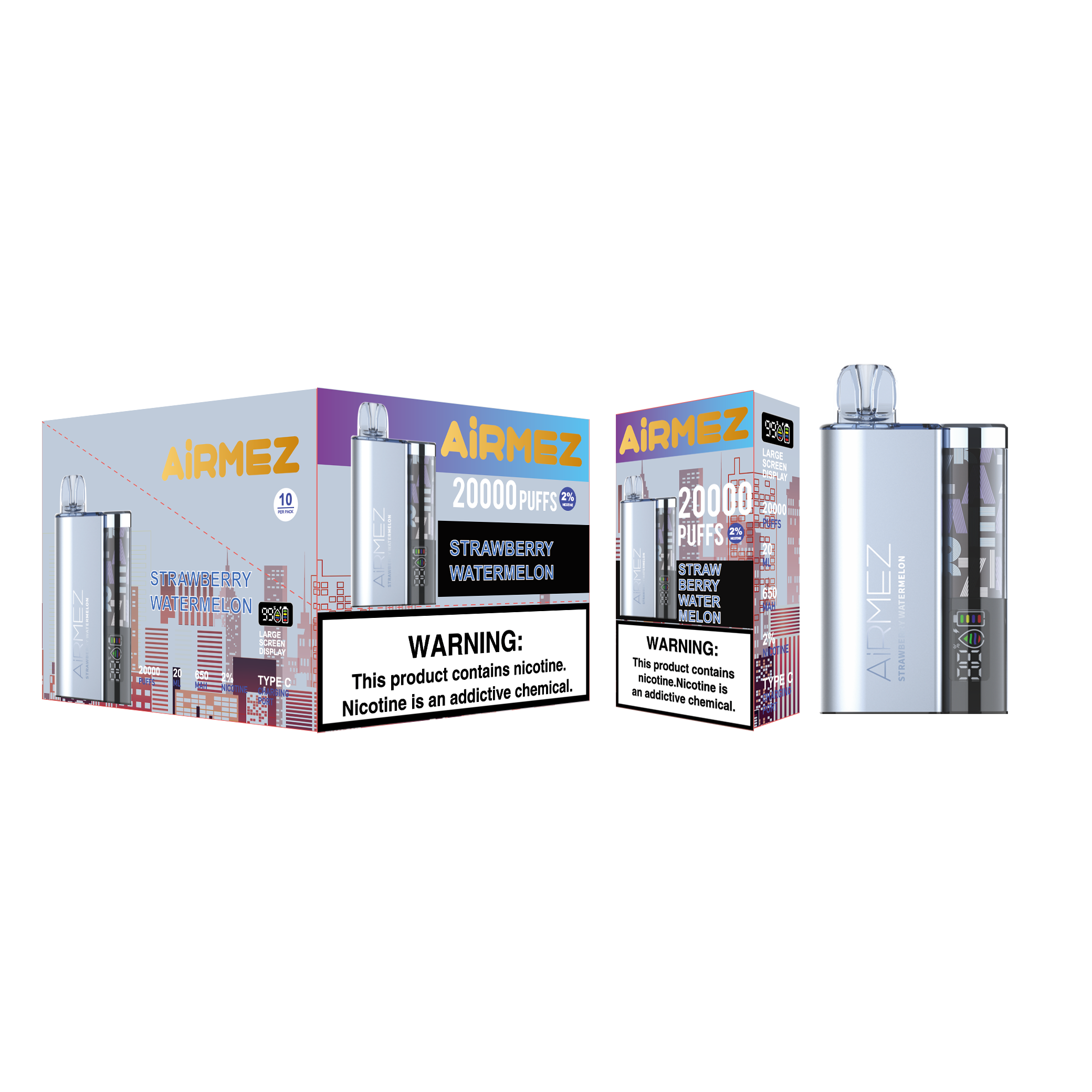 Airmez 20K Puffs Disposable Vape | 20mL E-Liquid | Type-C Rechargeable Mesh Coil E-Shisha Ship to AU Strawberry Watermelon