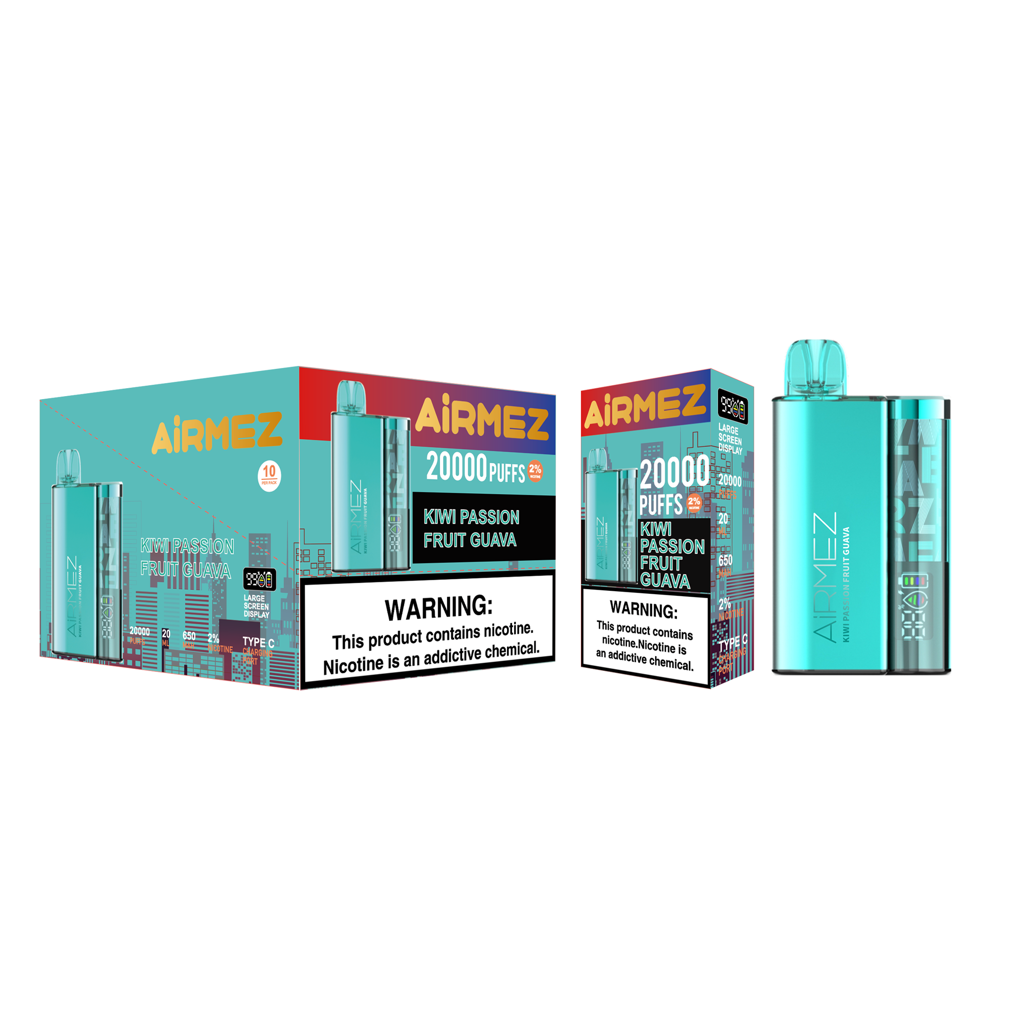 Airmez 20K Puffs Disposable Vape | 20mL E-Liquid | Type-C Rechargeable Mesh Coil E-Shisha Ship to AU Kiwi Passion Fruit Guava