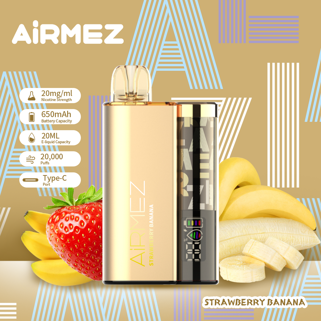 Airmez 20K Puffs Disposable Vape | 20mL E-Liquid | Type-C Rechargeable Mesh Coil E-Shisha Ship to AU Strawberry Banana