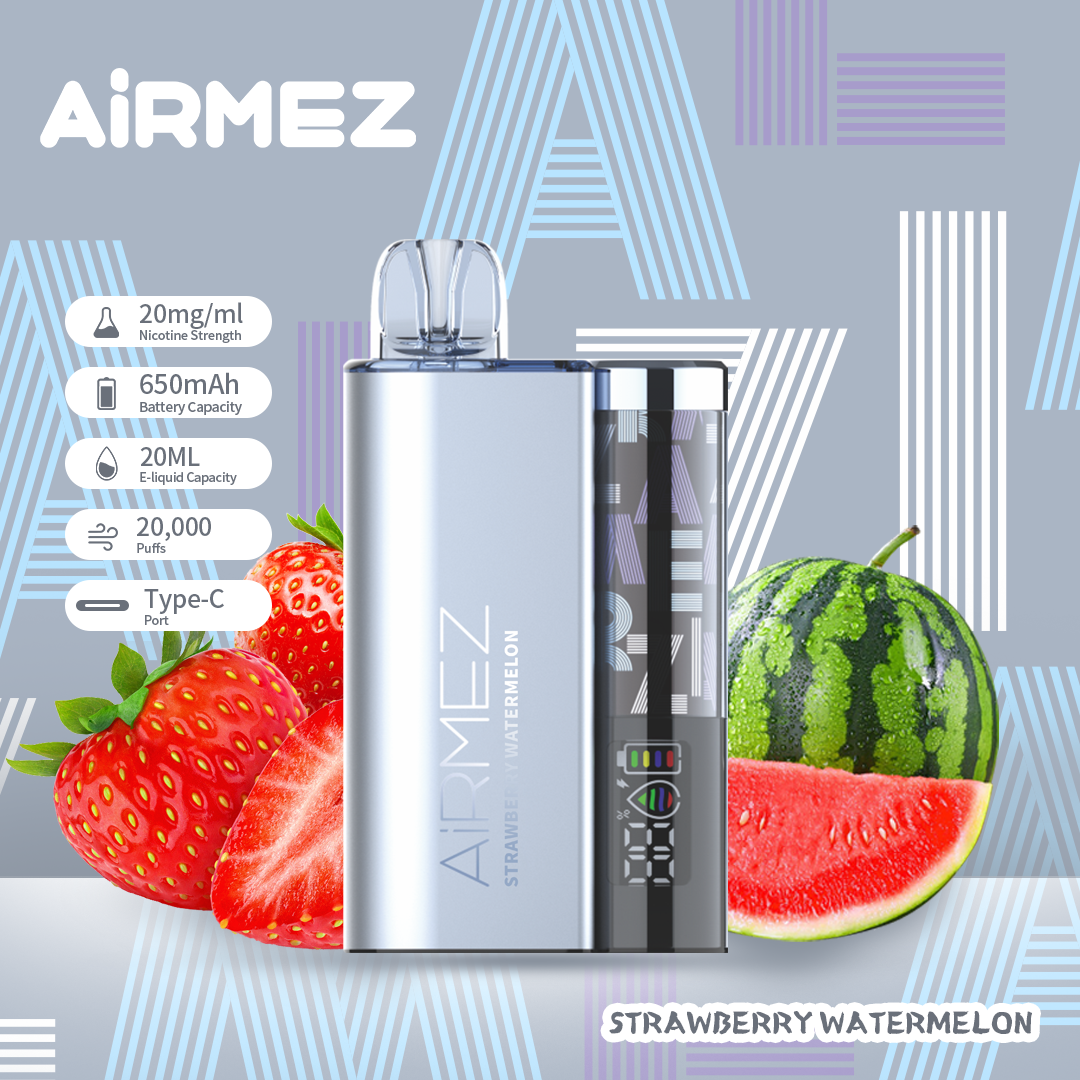 Airmez 20K Puffs Disposable Vape | 20mL E-Liquid | Type-C Rechargeable Mesh Coil E-Shisha Ship to AU Strawberry Watermelon