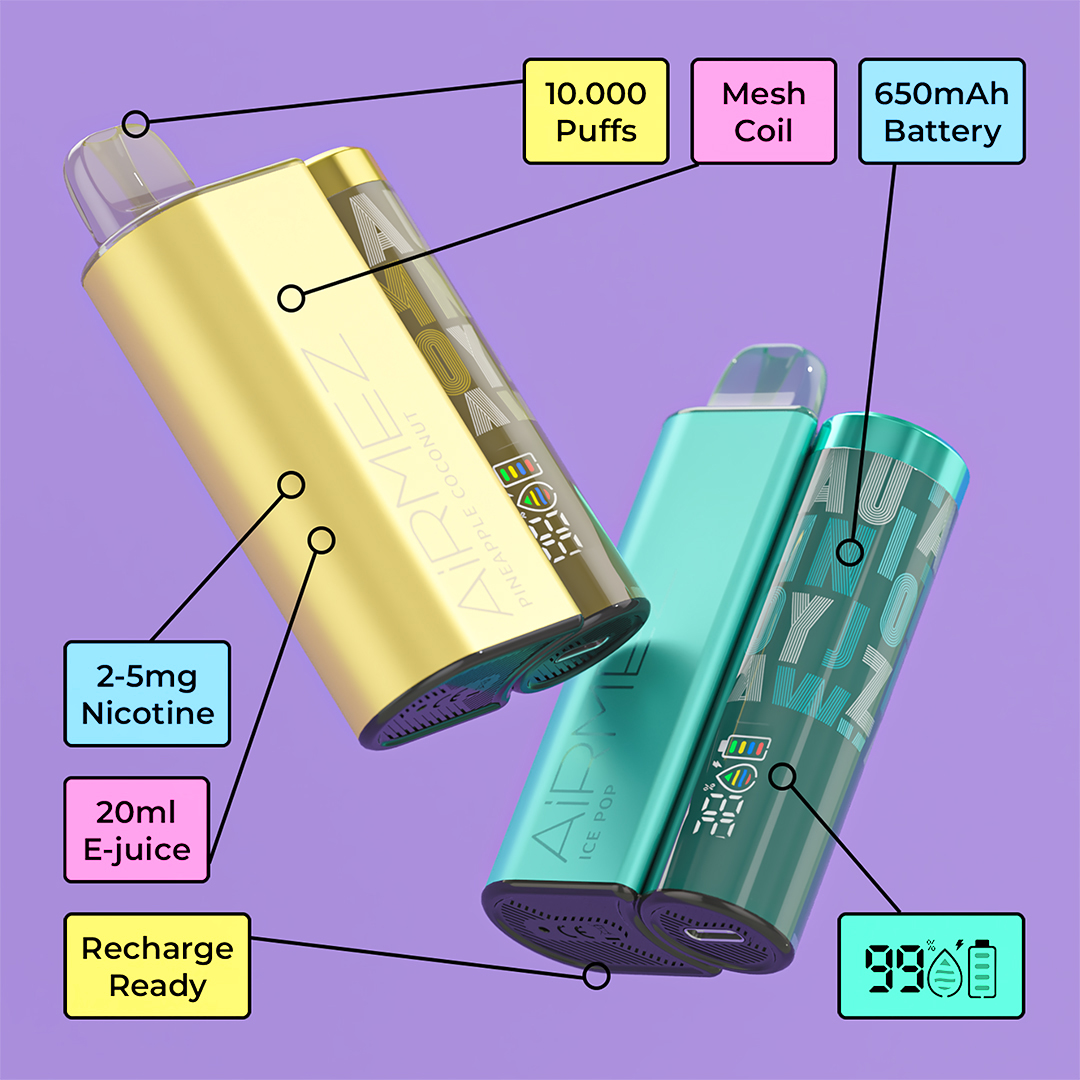 Airmez 20K Puffs Disposable Vape | 20mL E-Liquid | Type-C Rechargeable Mesh Coil E-Shisha Ship to AU