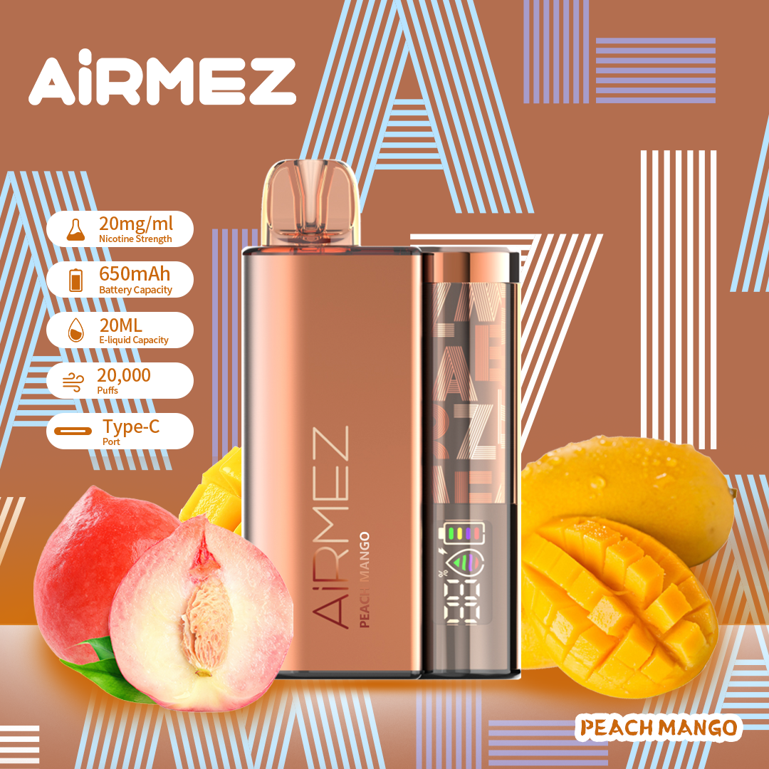 Airmez 20K Puffs Disposable Vape | 20mL E-Liquid | Type-C Rechargeable Mesh Coil E-Shisha Ship to AU Peach Mango