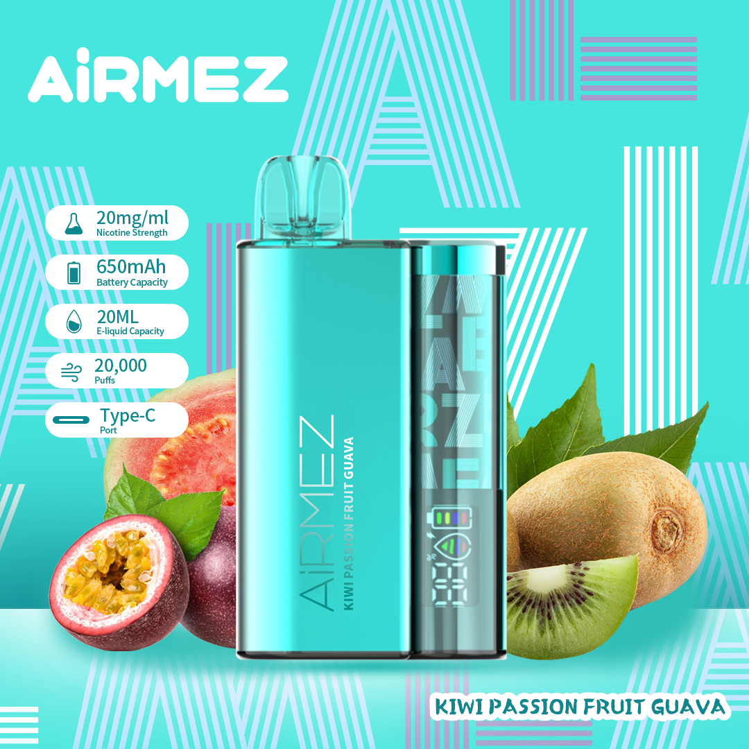 Airmez 20K Puffs Disposable Vape | 20mL E-Liquid | Type-C Rechargeable Mesh Coil E-Shisha Ship to AU Kiwi Passion Fruit Guava