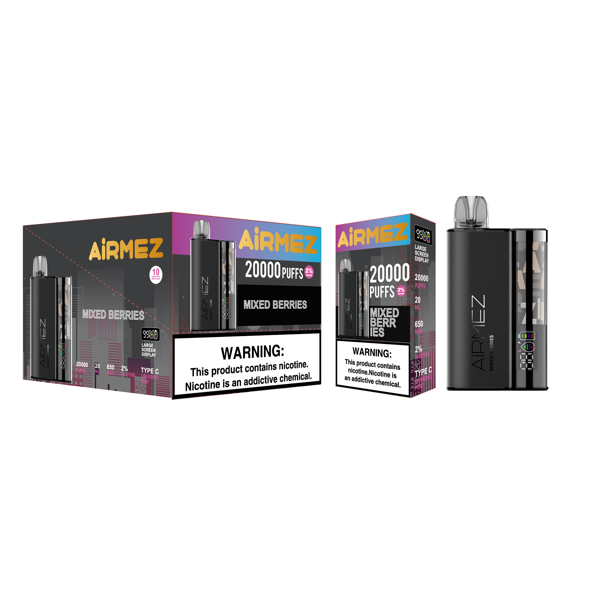 Airmez 20K Puffs Disposable Vape | 20mL E-Liquid | Type-C Rechargeable Mesh Coil E-Shisha Ship to AU Mixed Berry
